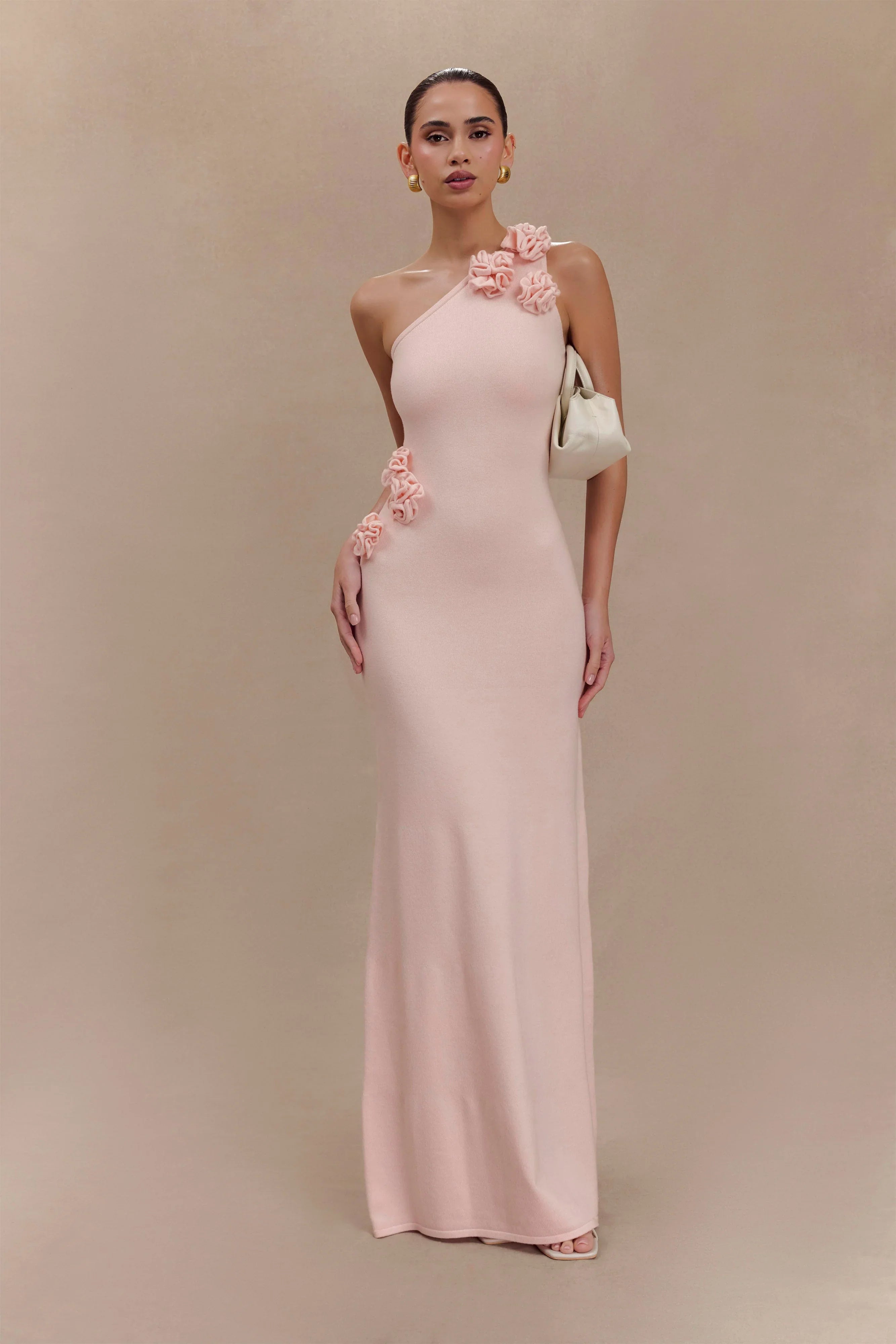 Paloma One Shoulder Knit Maxi Dress With Flowers Baby Pink