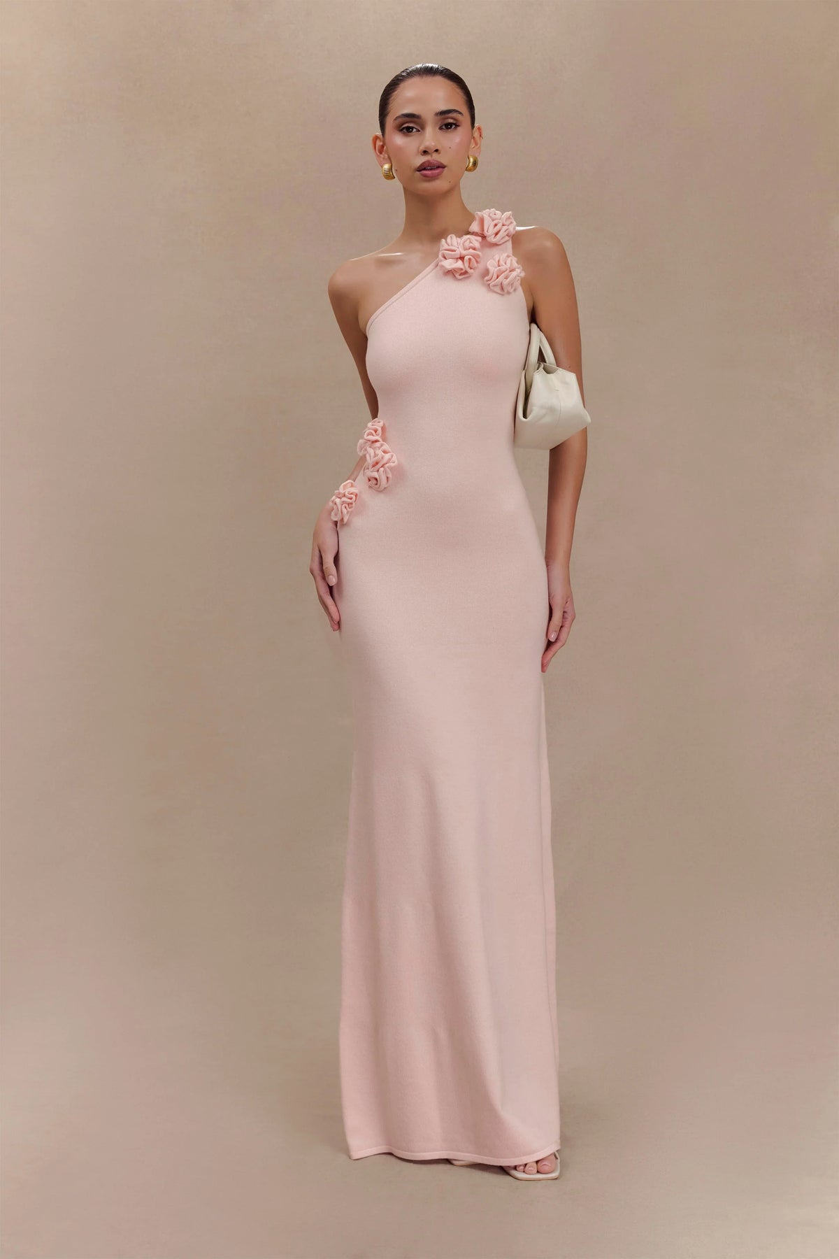 Paloma One Shoulder Knit Maxi Dress With Flowers Baby Pink