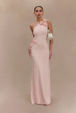 Paloma One Shoulder Knit Maxi Dress With Flowers Baby Pink