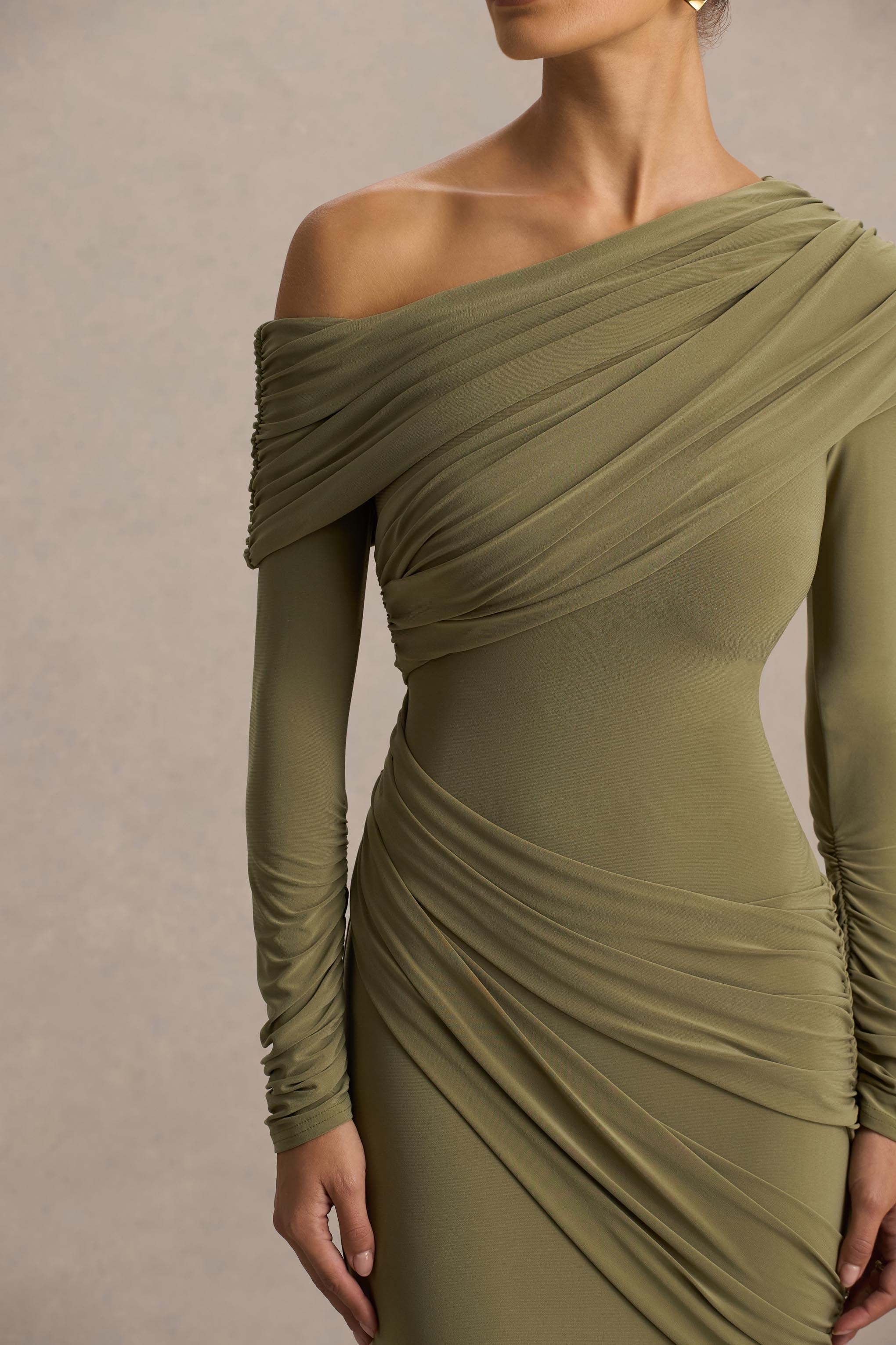 Perrie Olive Asymmetric Neck Maxi Dress With Ruched Detailing