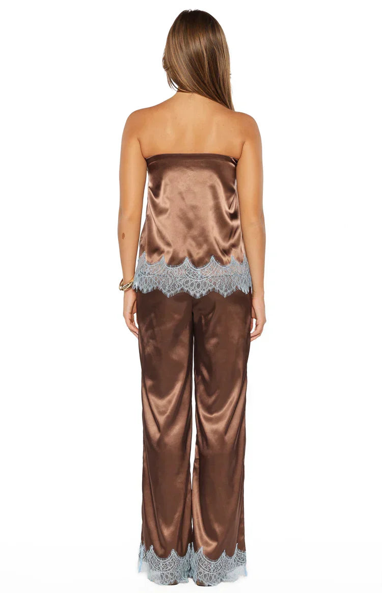 Shirley Lace Trim Brown Satin Pants