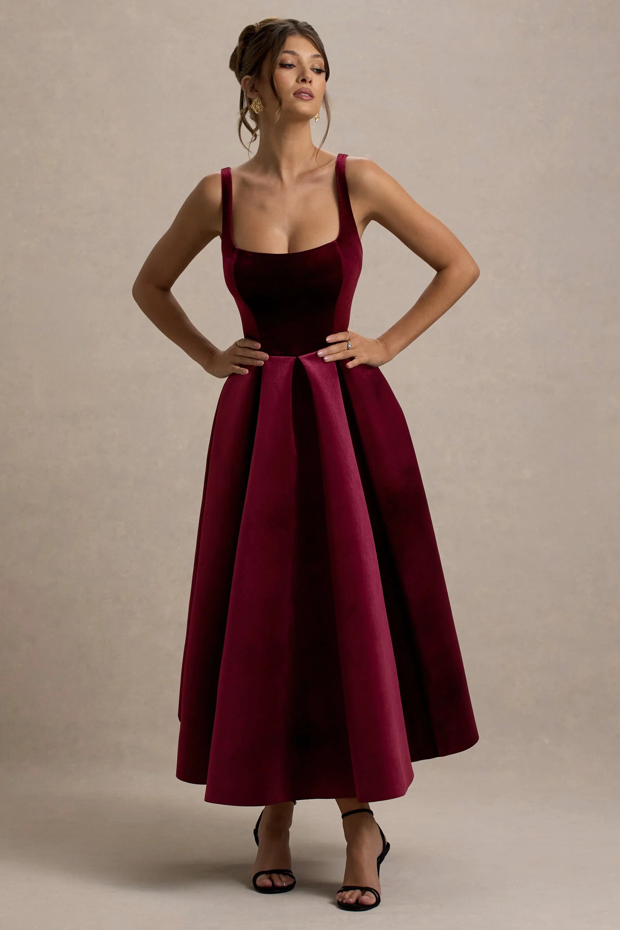 Francisca Berry Velvet Strappy Volume Hem Midi Dress