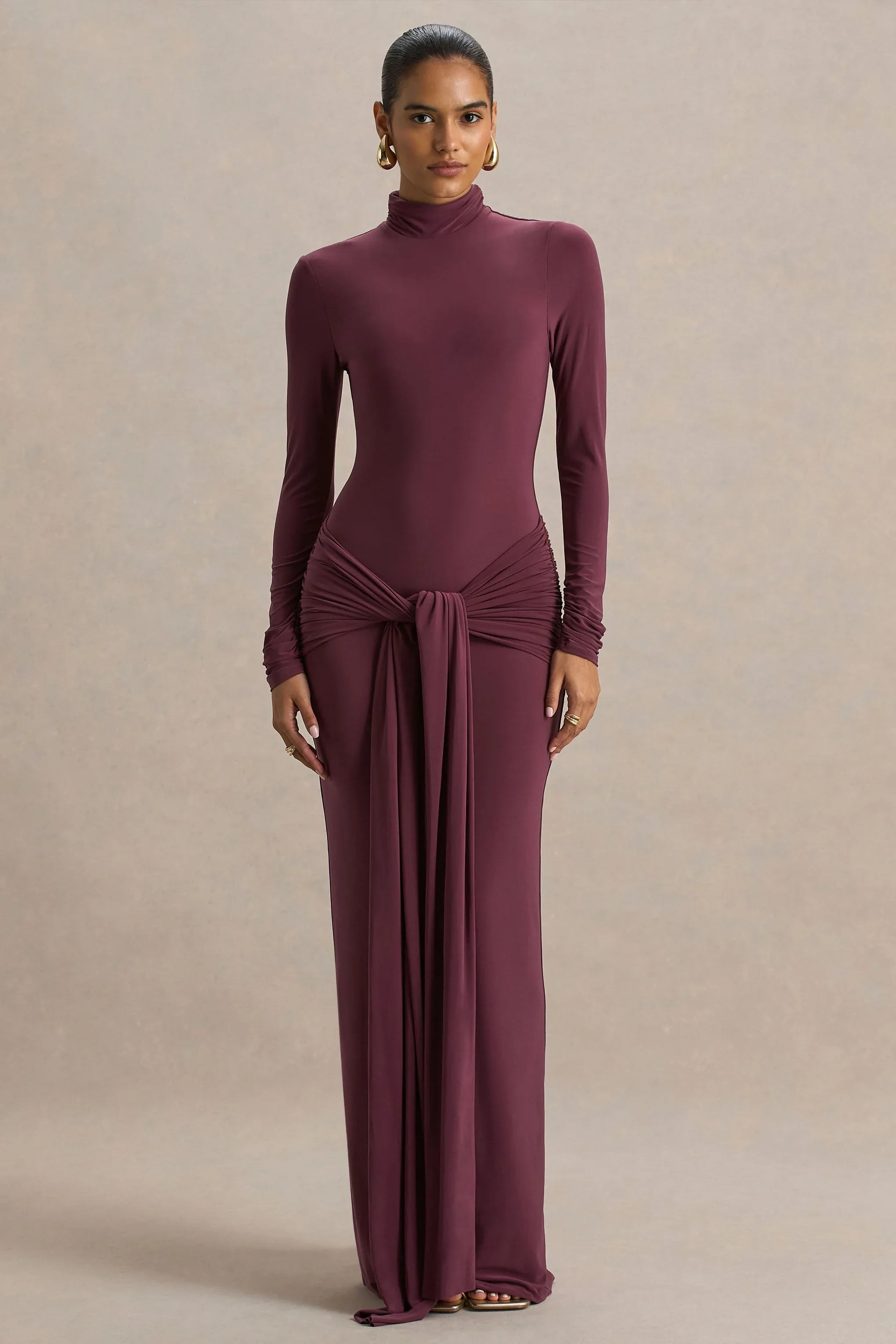 Myra Burgundy High Neck Maxi Dress With Sash and Ruched Detailing