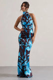 Adoria Floral Print Satin High Neck Maxi Dress