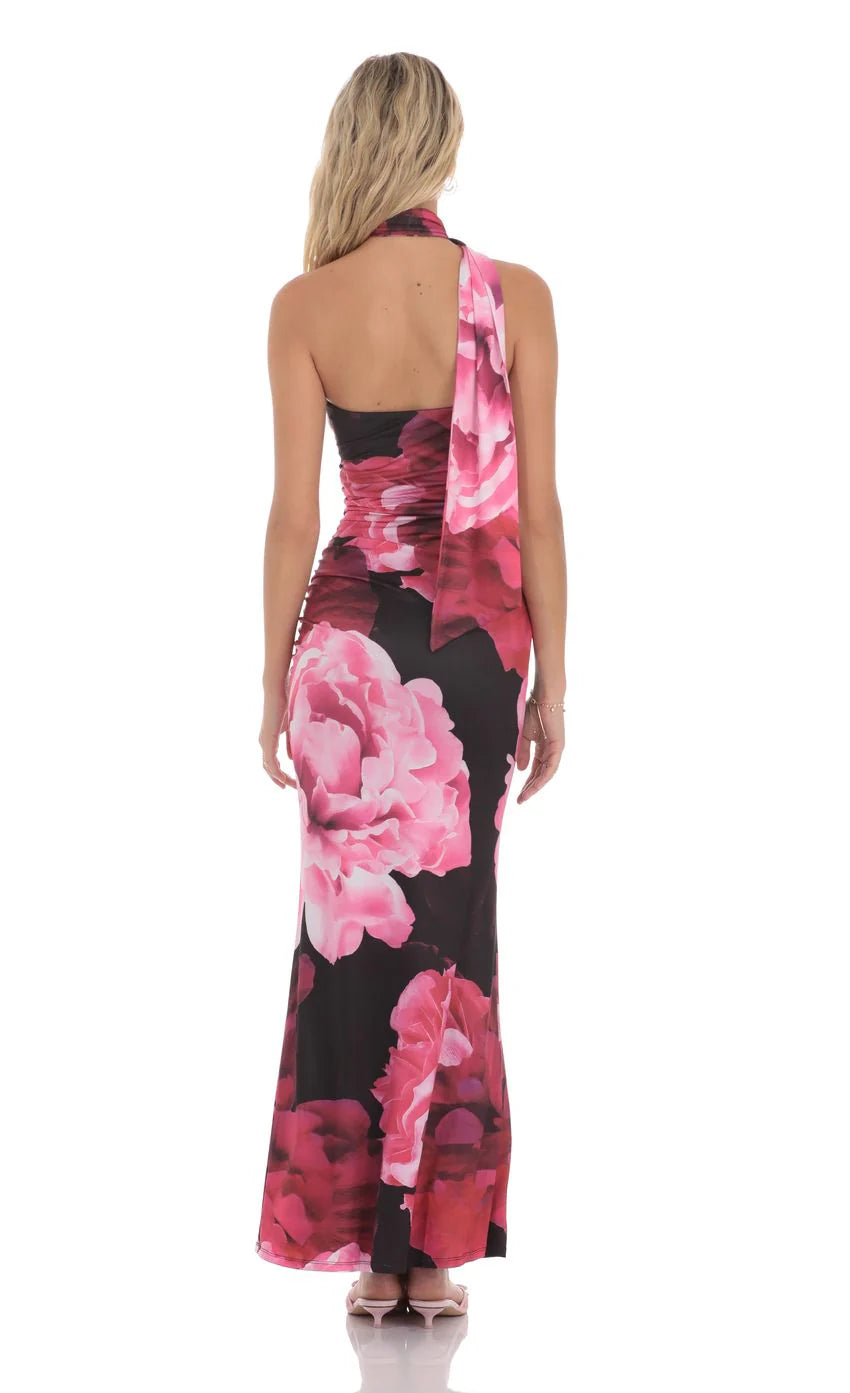 Floral Scarf Maxi Dress in Red and Black