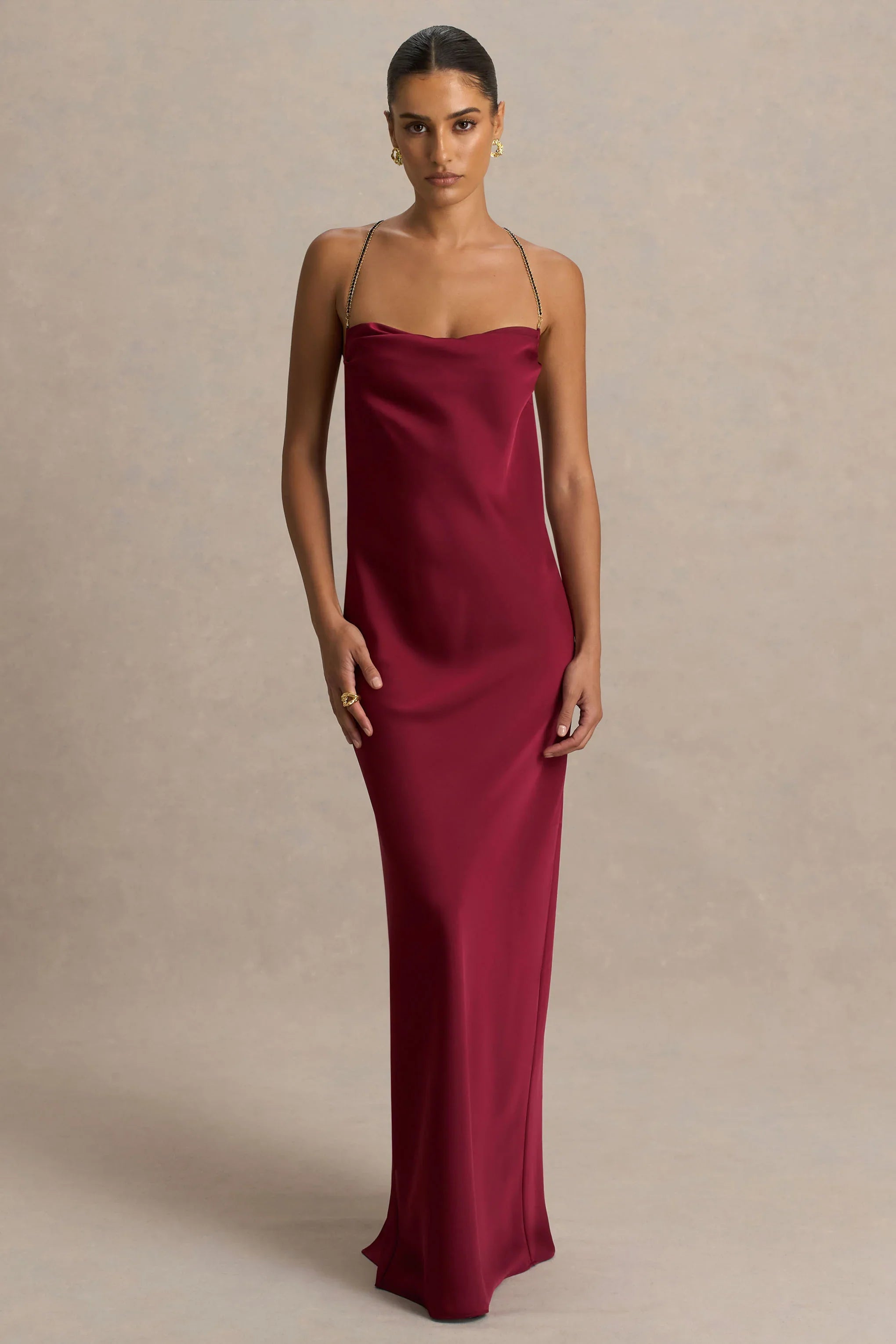 Cher Burgundy Satin Square Neck Maxi Dress With Embellished Detailed Open Back