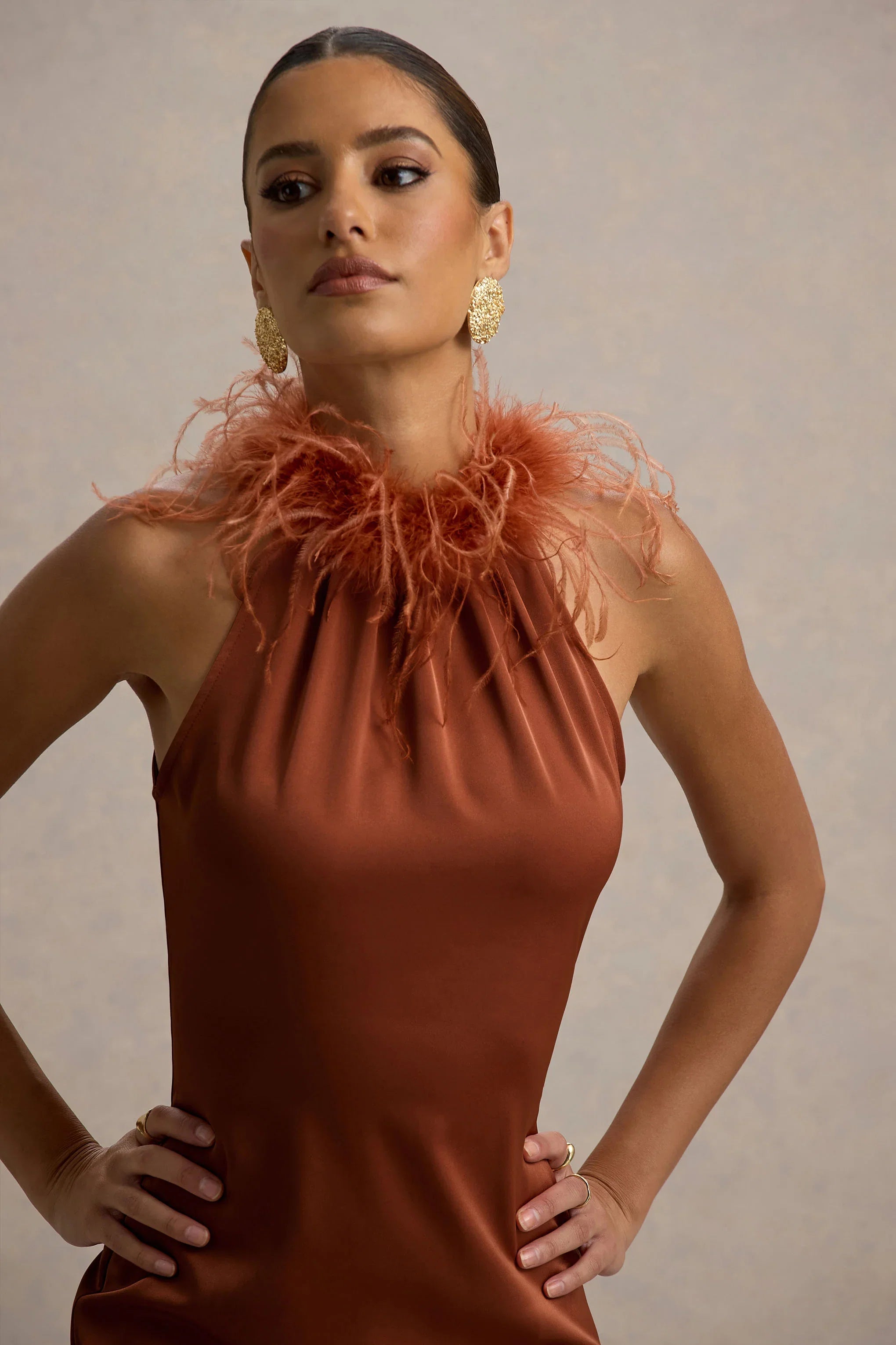 Bianca Rust Satin Feather Trim Maxi Dress