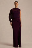 Aurelia Dark Plum High Neck Wrapped Maxi Dress With One Cape Sleeve