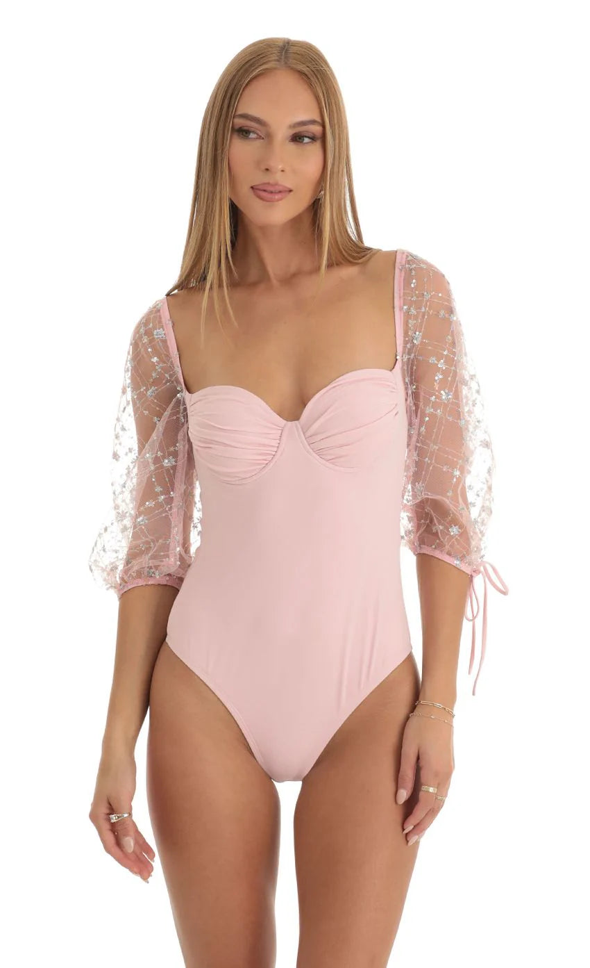 Sequin Puff Sleeve Bodysuit in Pink