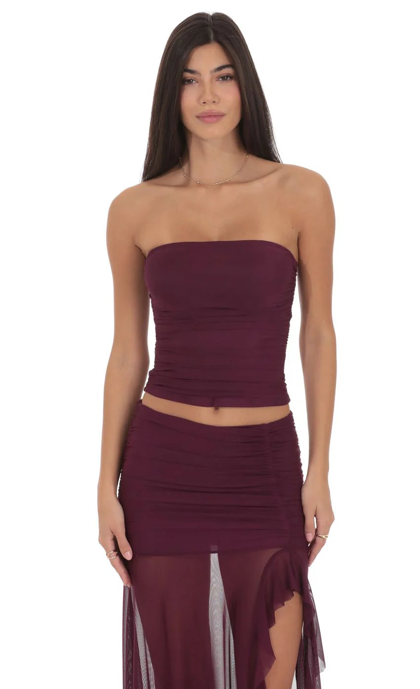 Mesh Ruched Tube Top in Plum