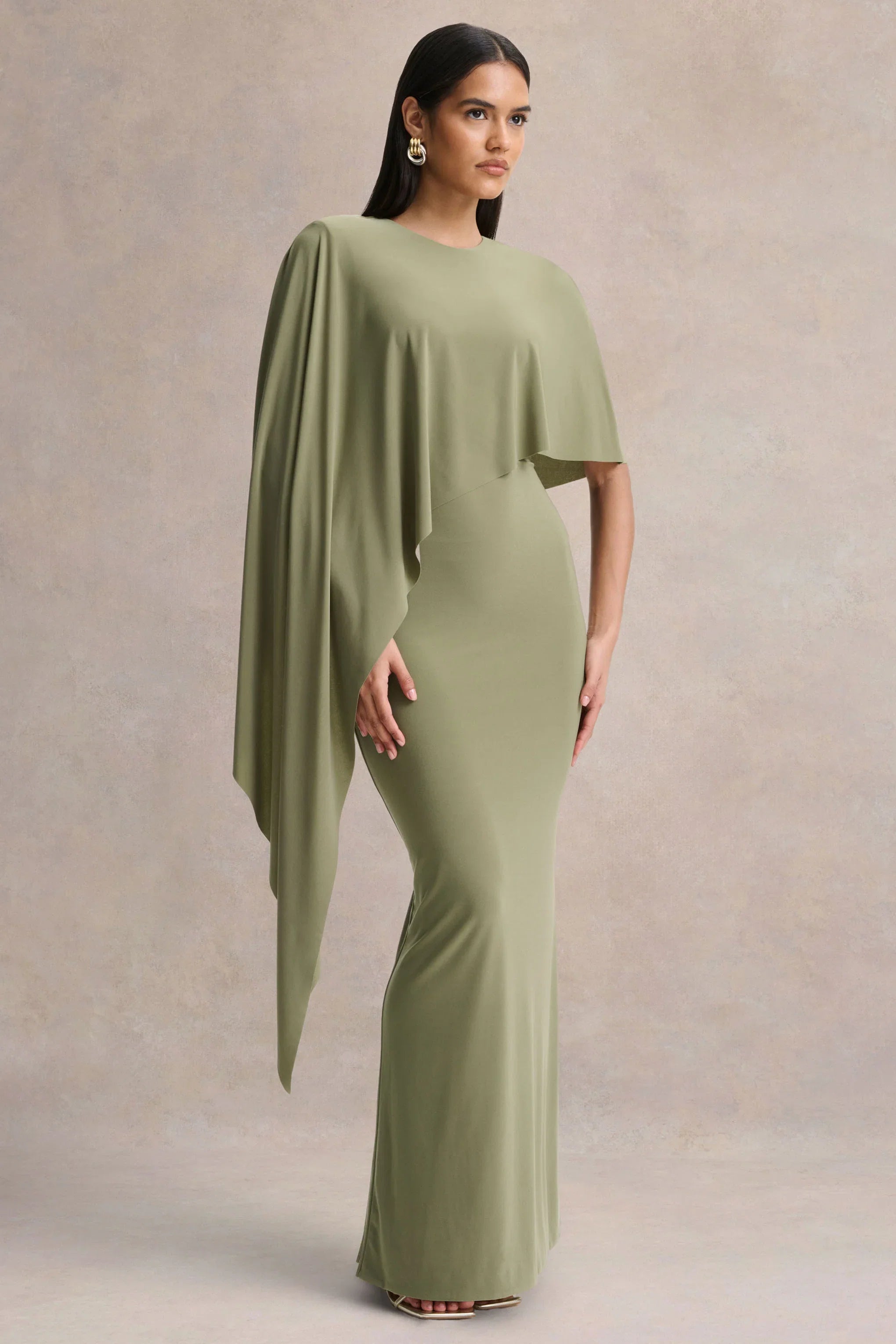 Ravena Olive Crew Neck Maxi Dress With Asymmetric Cape Sleeve