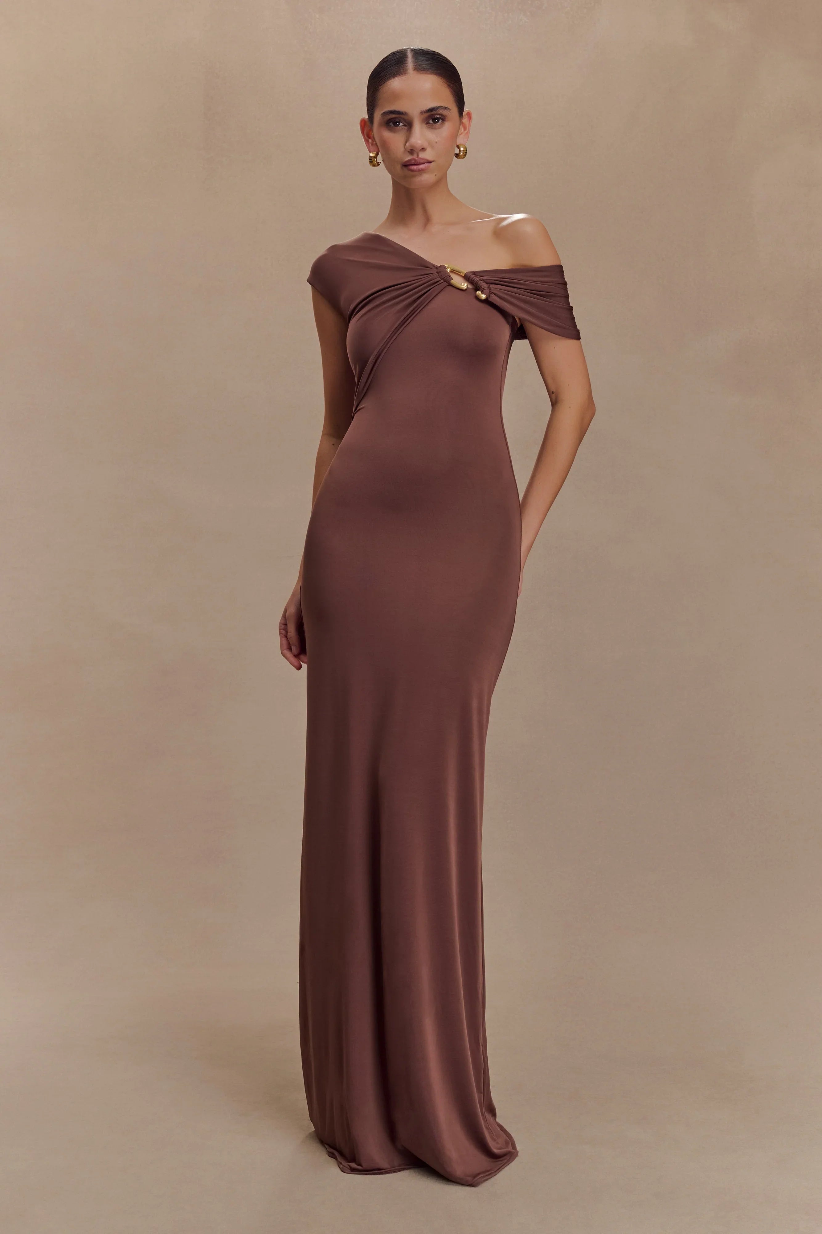 Ashford Asymmetrical Slinky Maxi Dress Chocolate