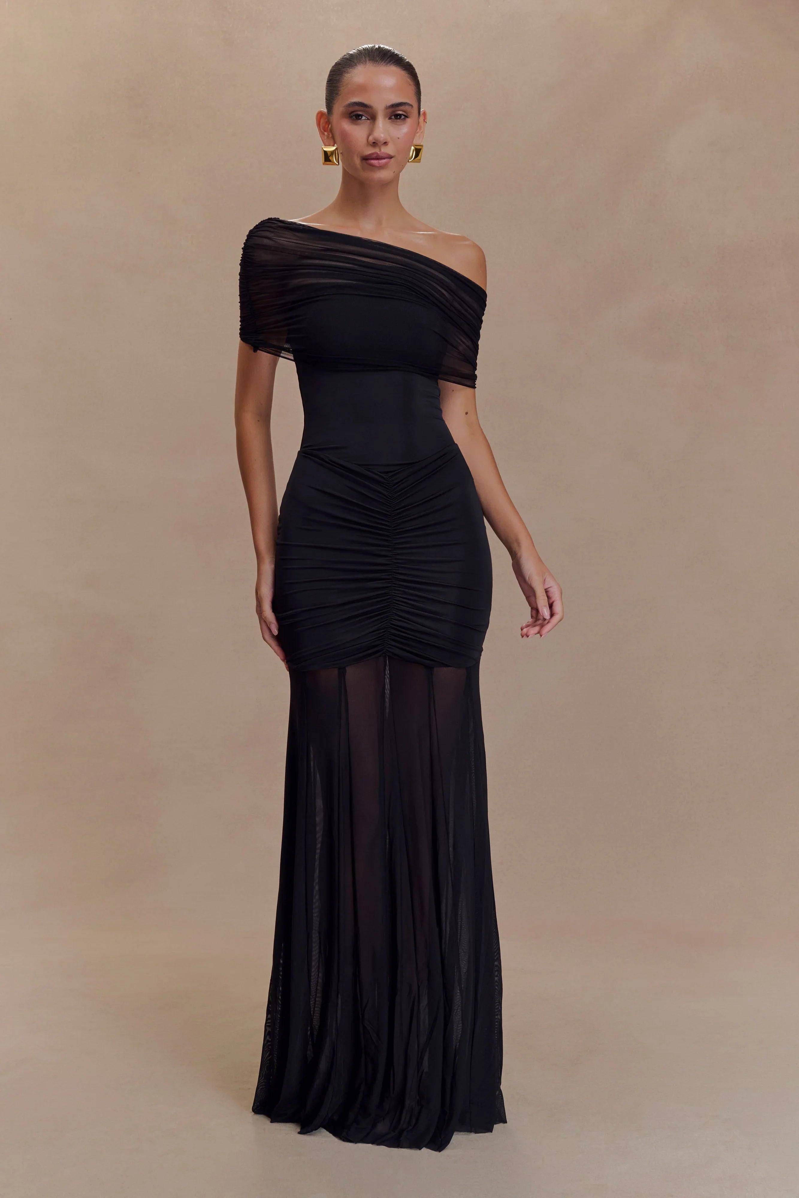 Caspian Slinky And Mesh Off Shoulder Maxi Dress Black