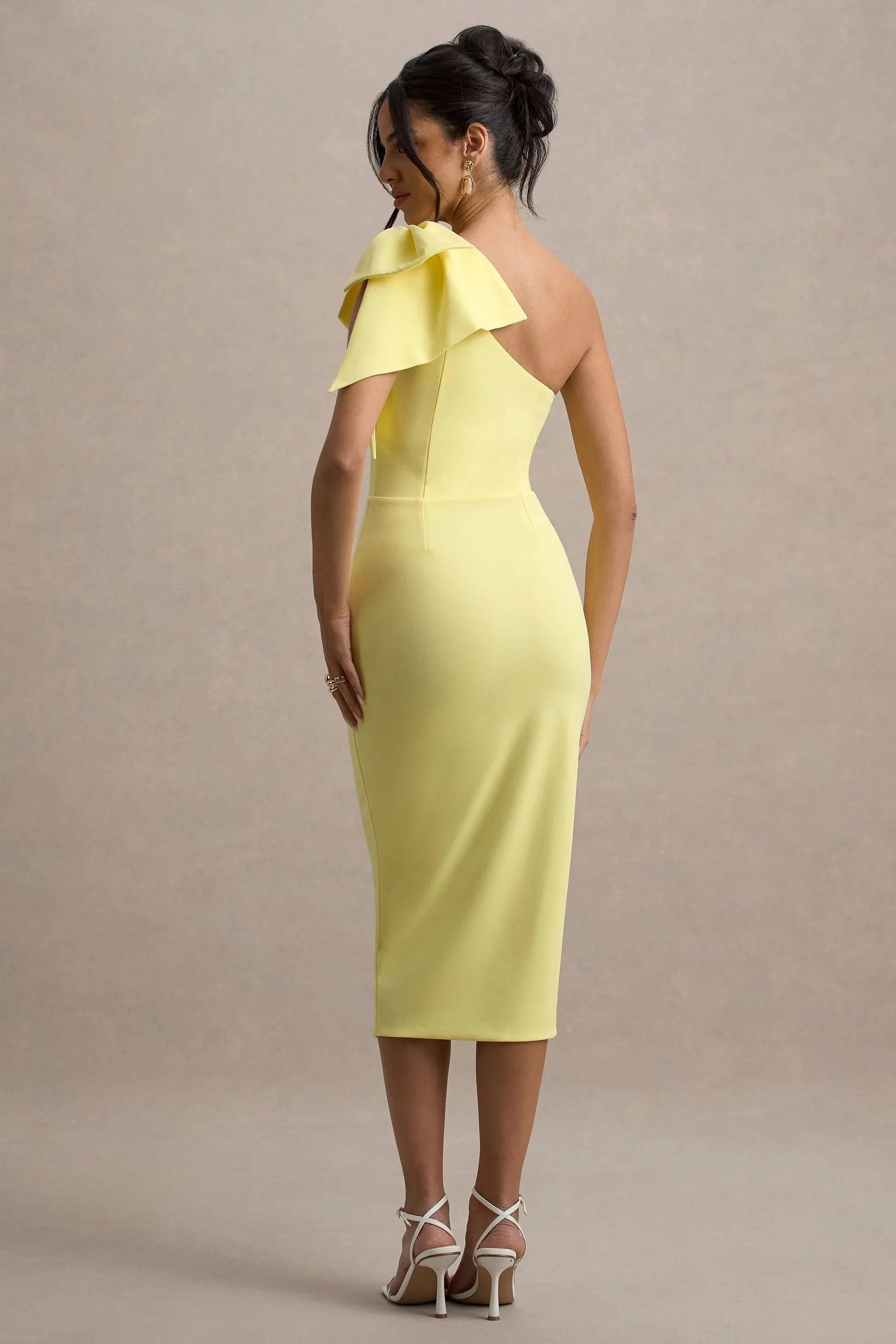 Ambretta Lemon One Shoulder Midi Dress With Bow