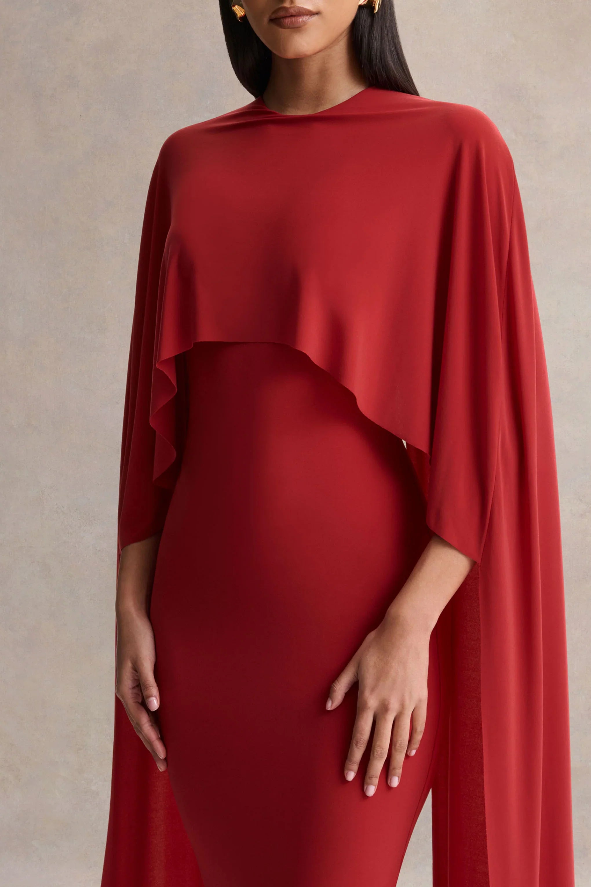 Kalani Red Crew Neck Midi Dress With Cape Sleeves