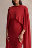 Kalani Red Crew Neck Midi Dress With Cape Sleeves
