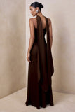 Starling Brown Matte Satin Plunge Neck Maxi Dress With Scarf Detail