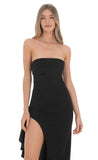 Strapless Ruched Ruffle Maxi Dress in Black