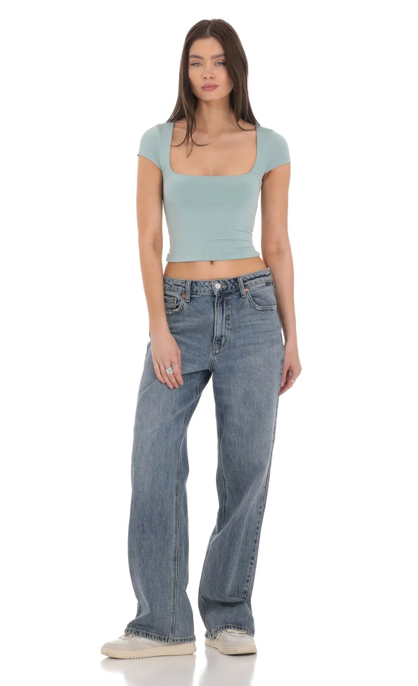 Short Sleeve Crop Top in Seaglass Blue