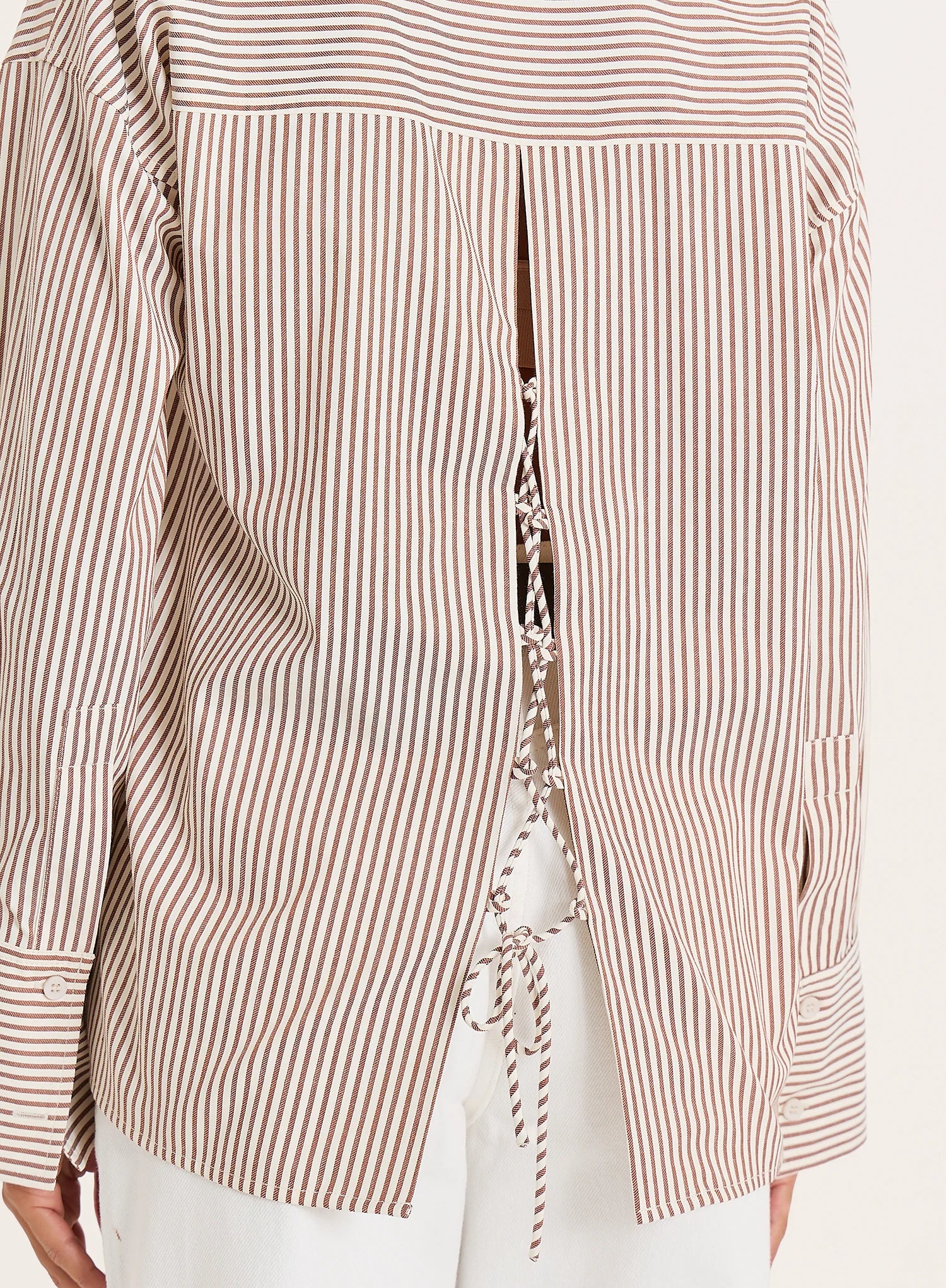 White And Beige Stripe Cotton Tie Back Detail Shirt