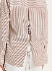 White And Beige Stripe Cotton Tie Back Detail Shirt