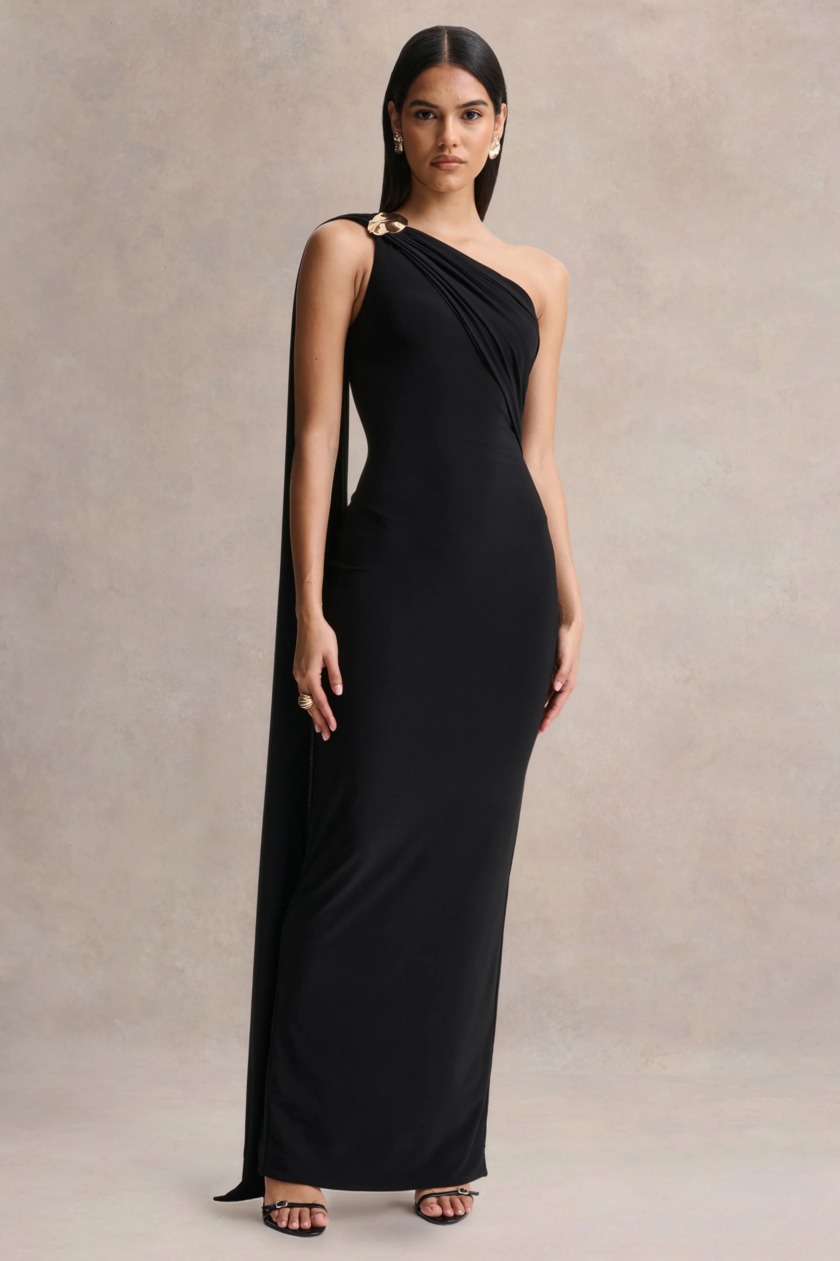 Mandy Black Asymmetric Neck Maxi Dress