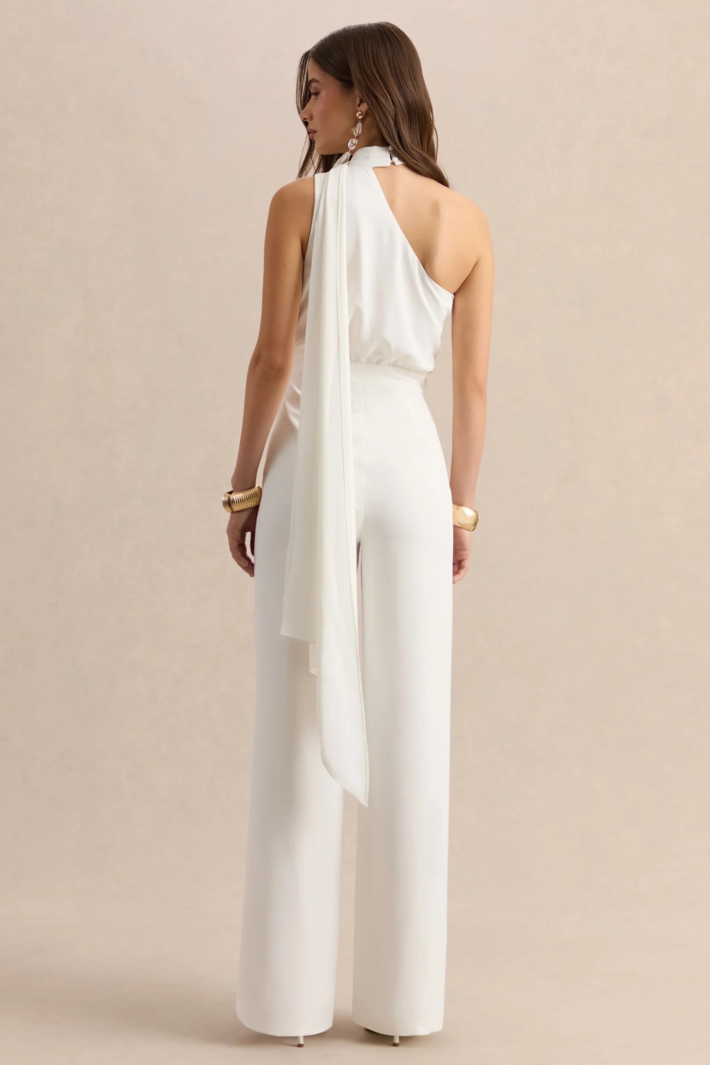 Gliselle White Asymmetric Neck Jumpsuit With Scarf Detail