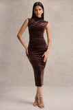 Novine Brown Velvet High Neck Midi Dress