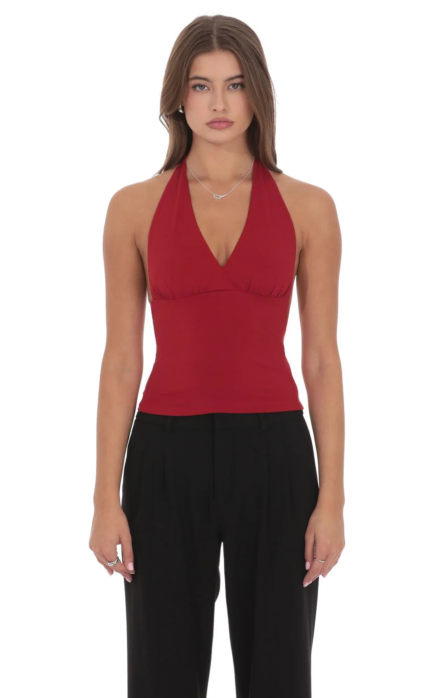 V Neck Halter Top in Maroon