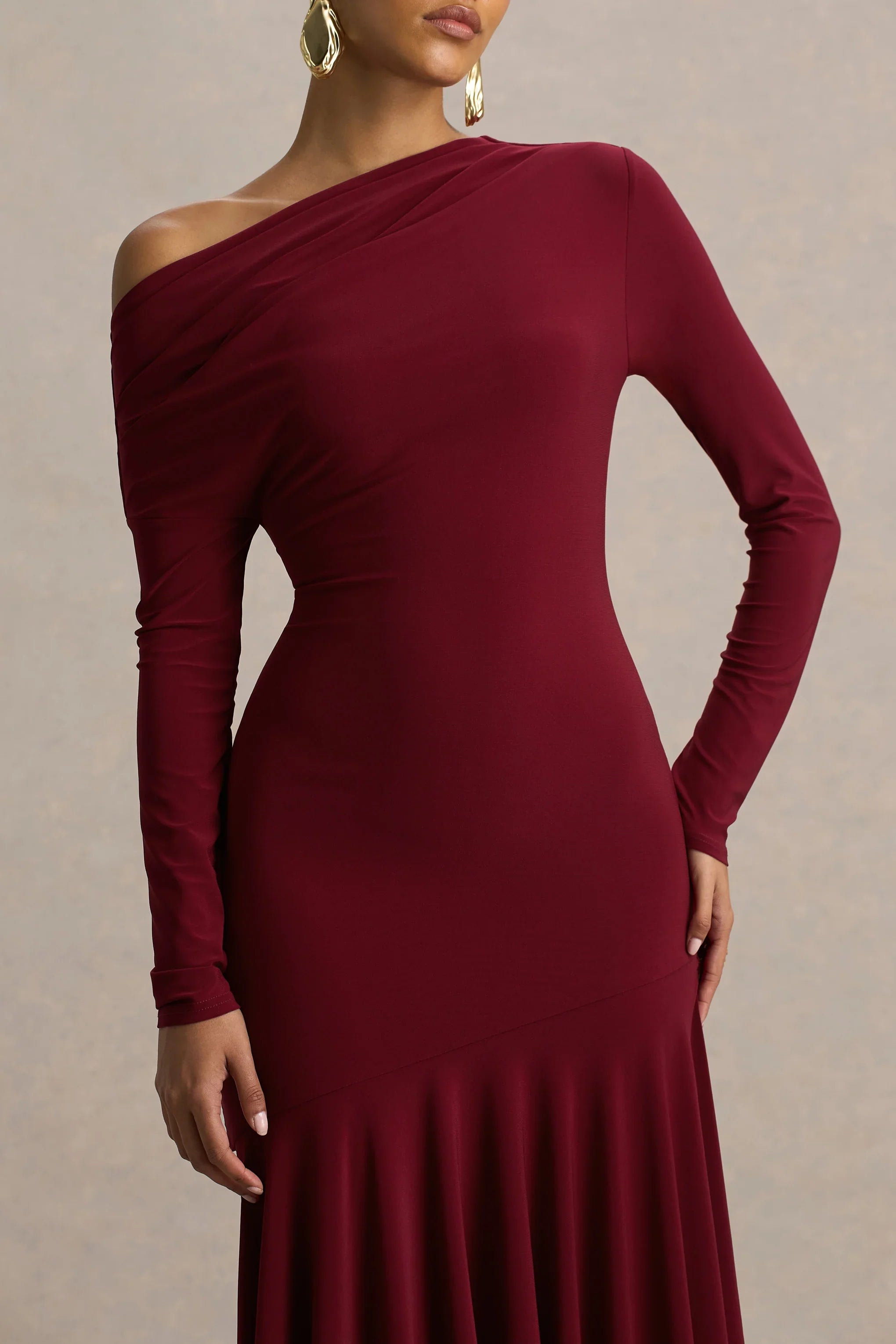 Isola Burgundy Asymmetric Neck Midi Dress With Hanky Hem