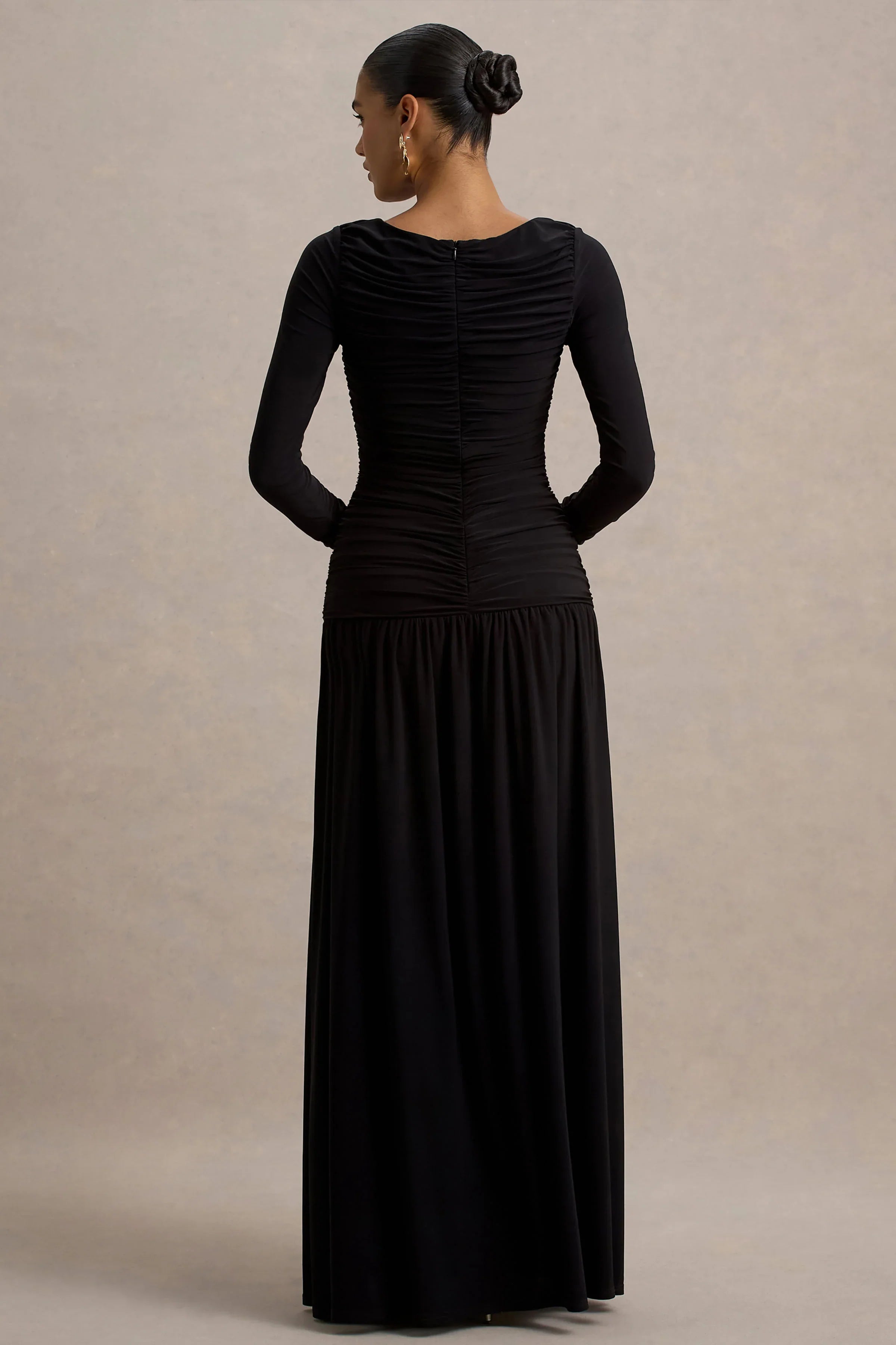 Aniyah Black High Neck Maxi Dress With Ruched Detailing