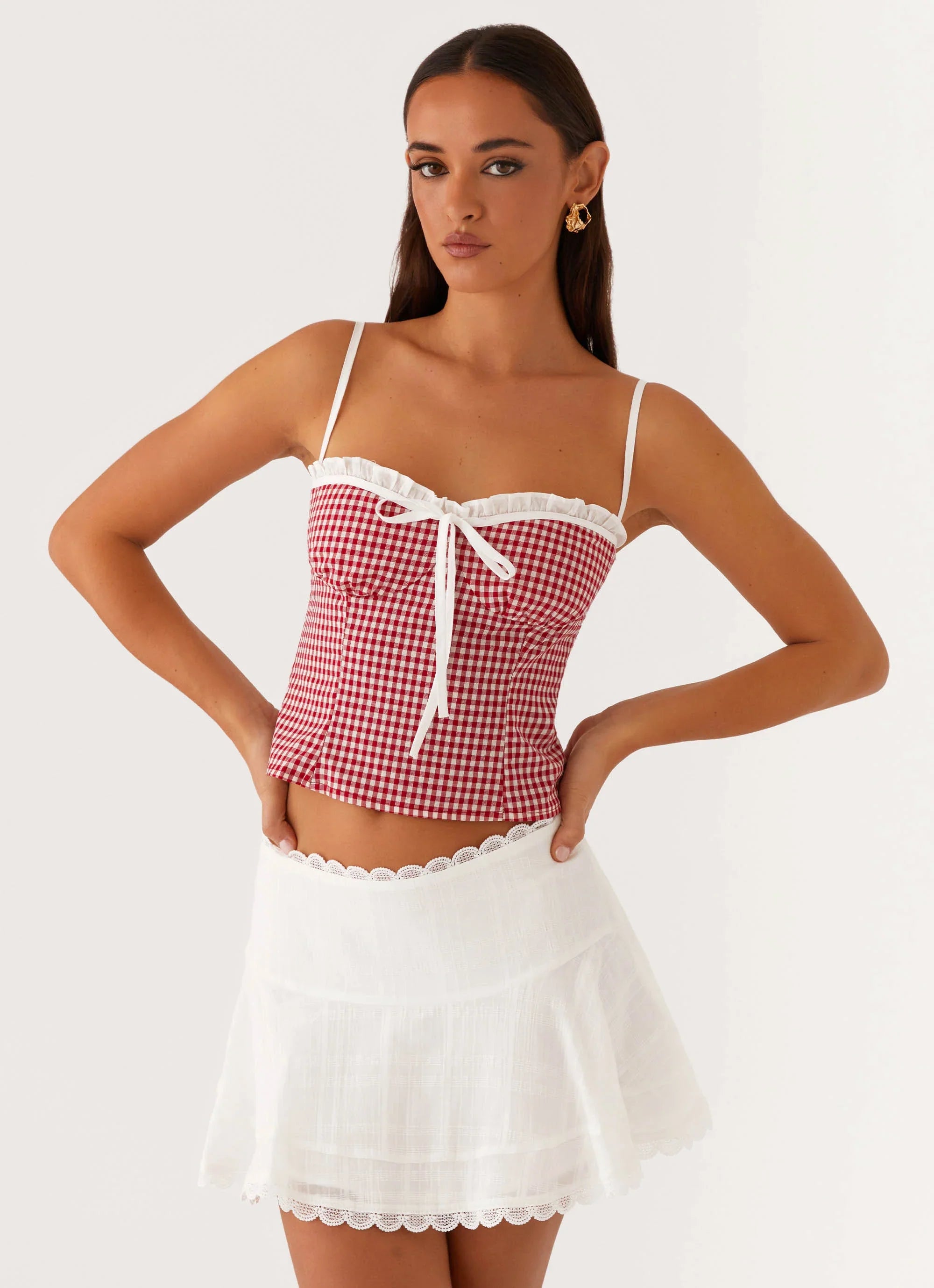 Palmer Ruffle Bustier Top Red Gingham