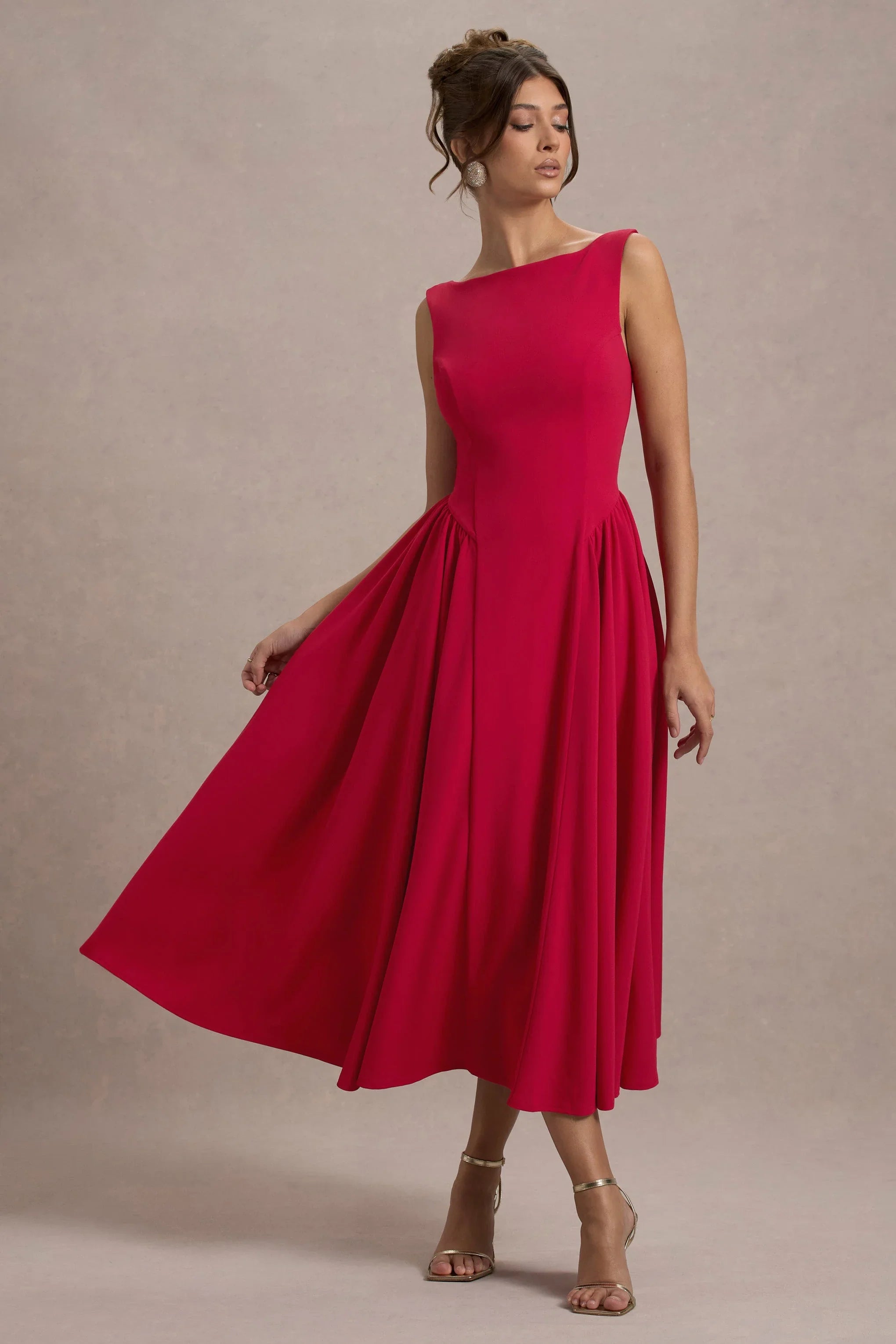 Muriel Red Boat Neck Volume Hem Midi Dress