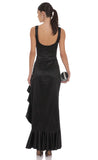 Satin Ruched Ruffle Slit Maxi Dress in Black