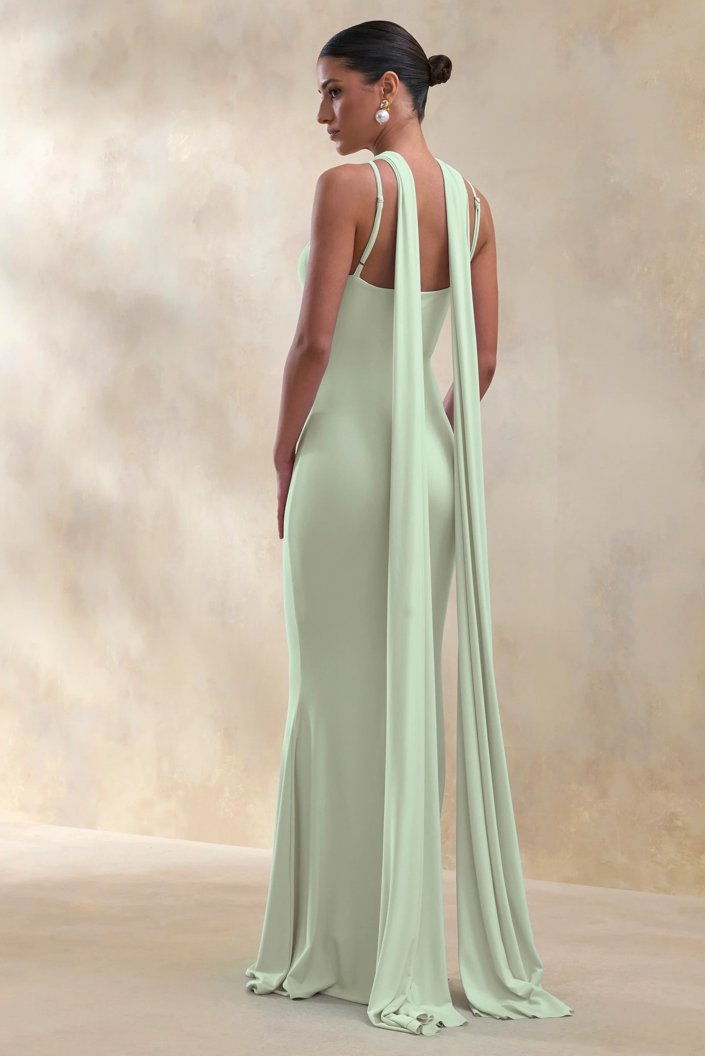 Rhoda Mint Twist Halter Neck Cape Maxi Dress