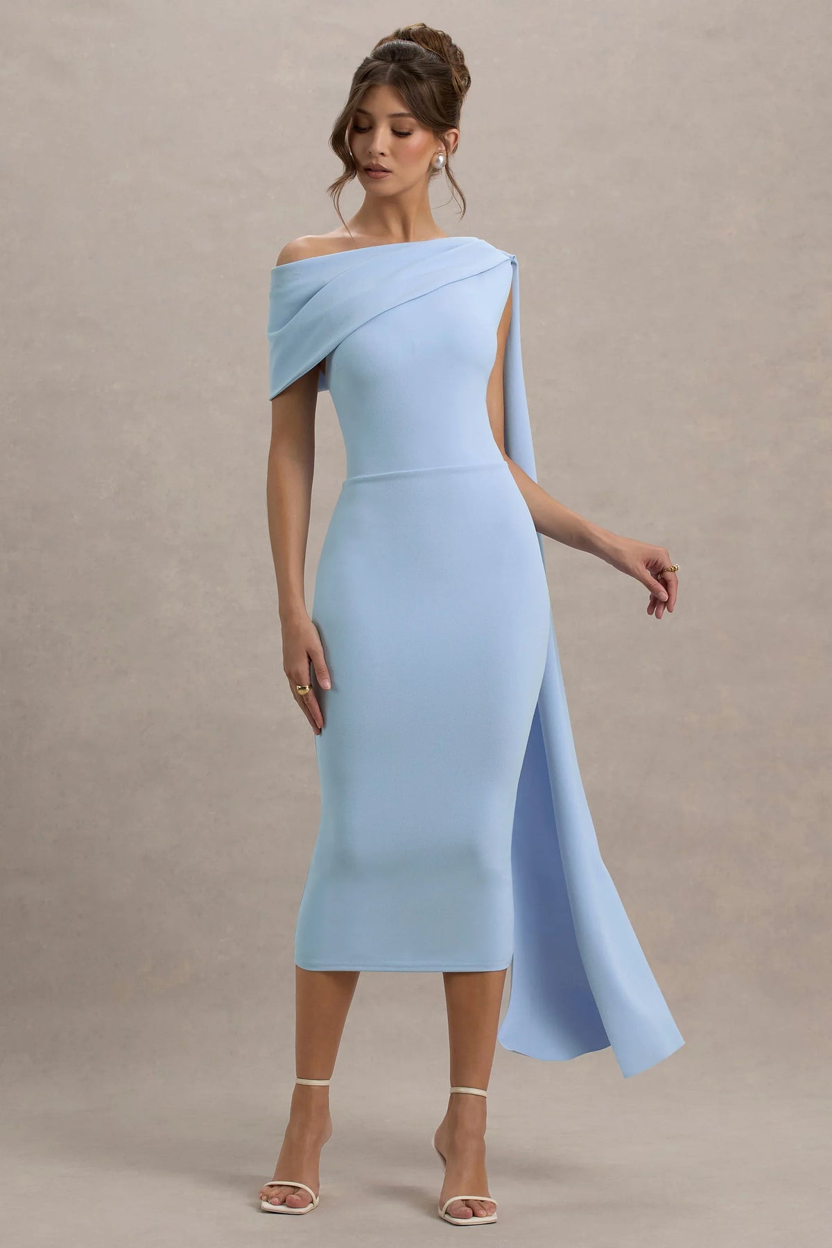 Niamh Powder Blue Asymmetric Midi Dress With Drape