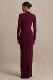 Melissa Burgundy Long Sleeve Wrap Maxi Dress With Draped Detailing