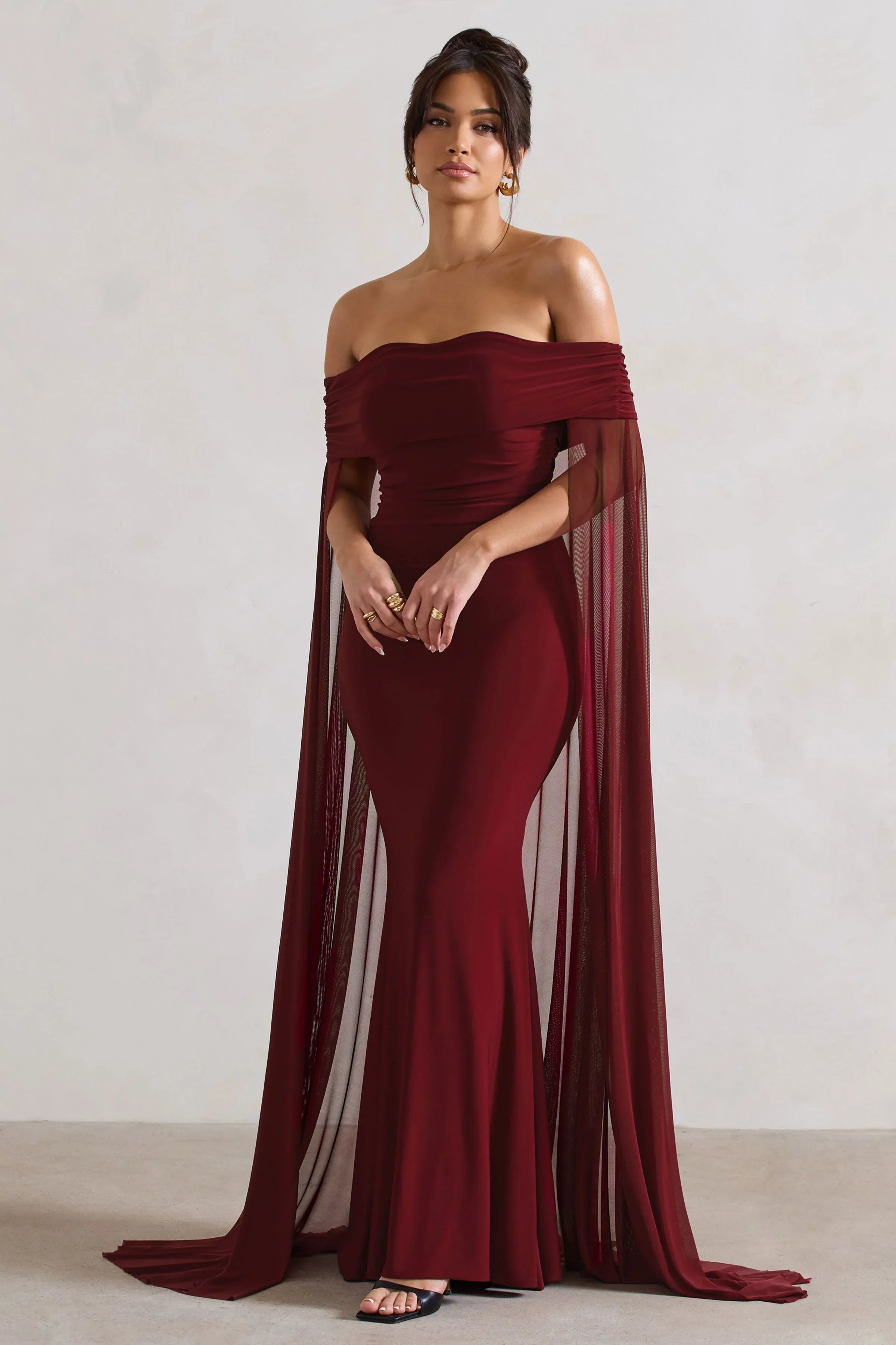 Carlotta Berry Bardot Maxi Dress With Chiffon Cape