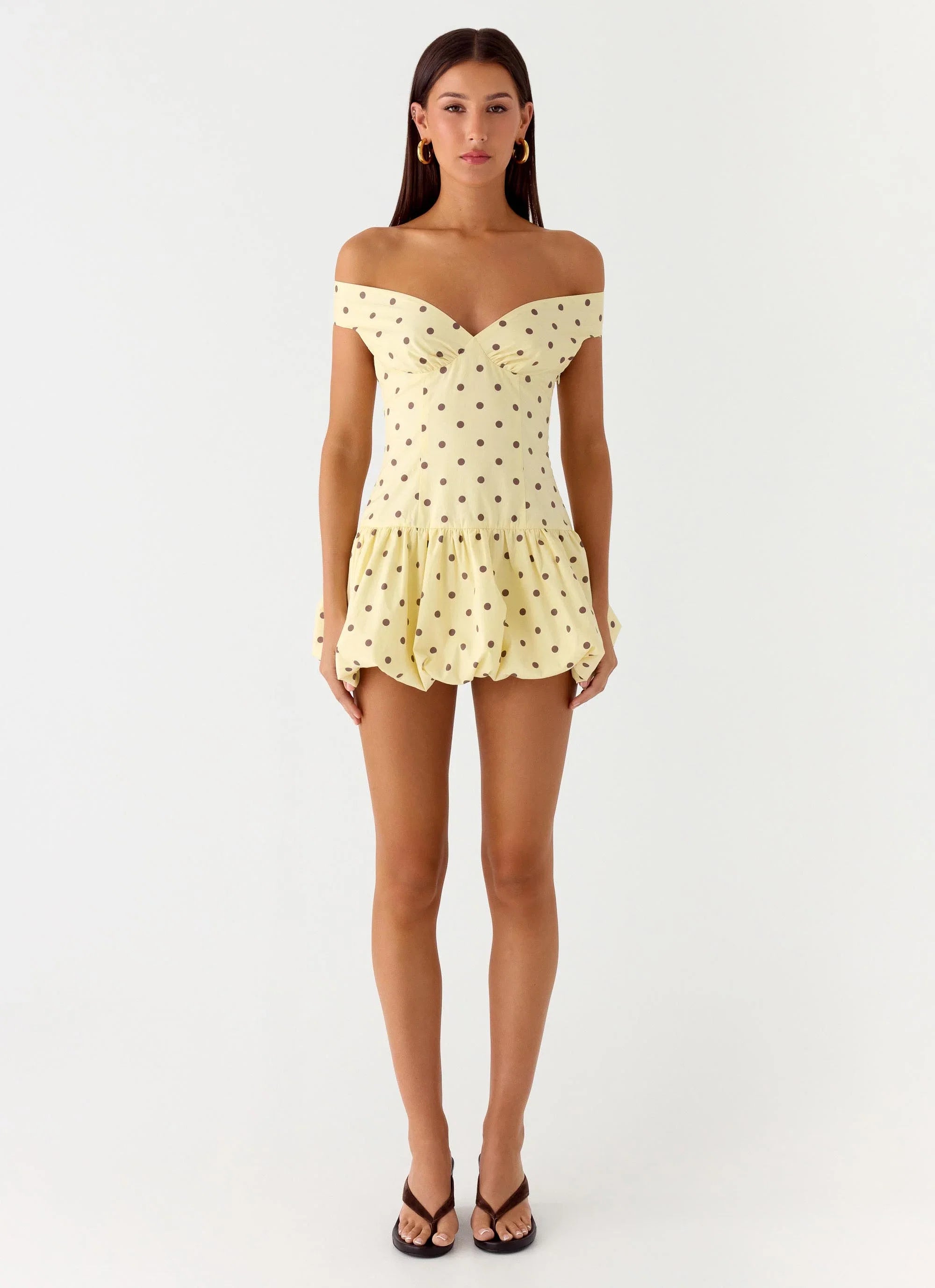 Endless Romance Off Shoulder Mini Dress Yellow Polkadot