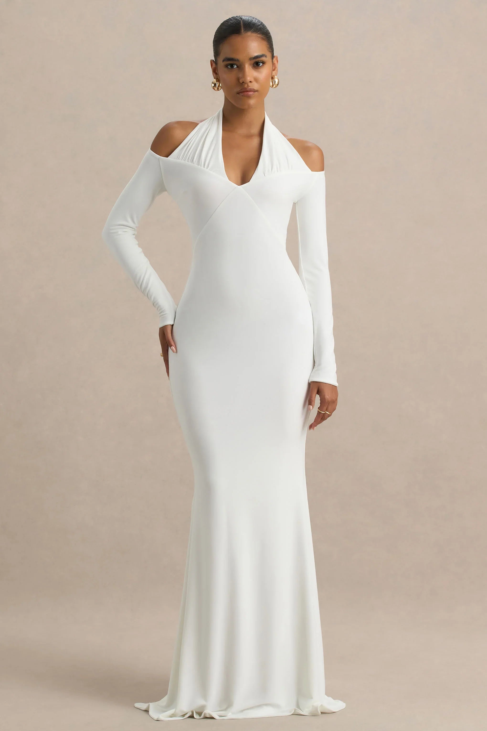 Living High White Halter Neck Maxi Dress With Long Sleeves