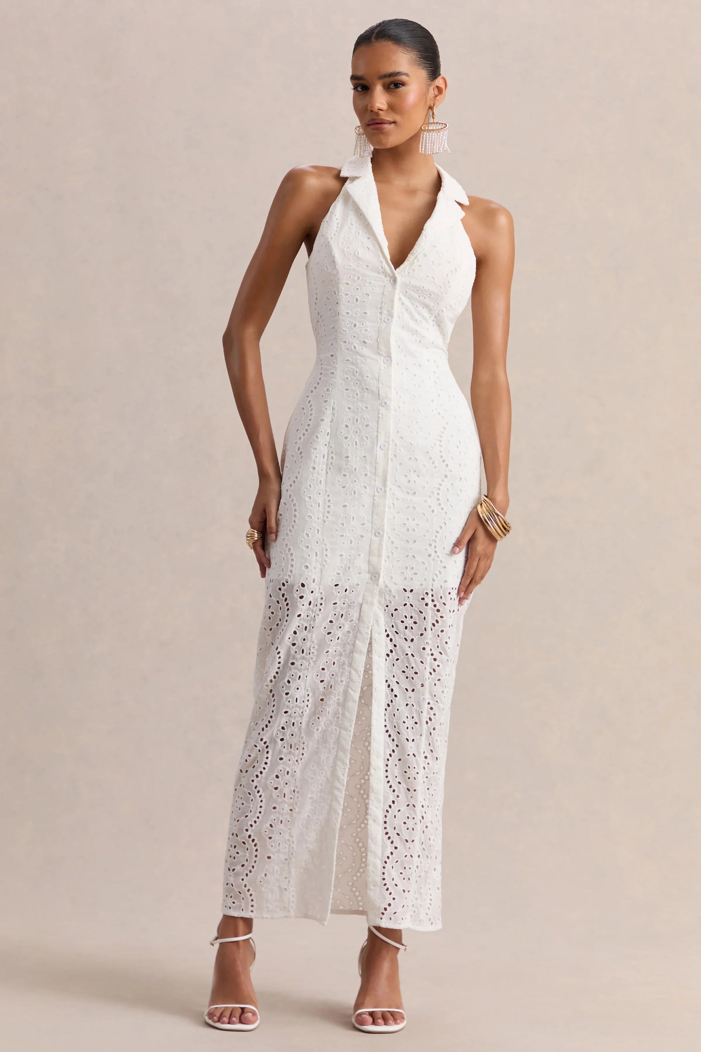 Tover White Broderie Plunge Neck Maxi Dress