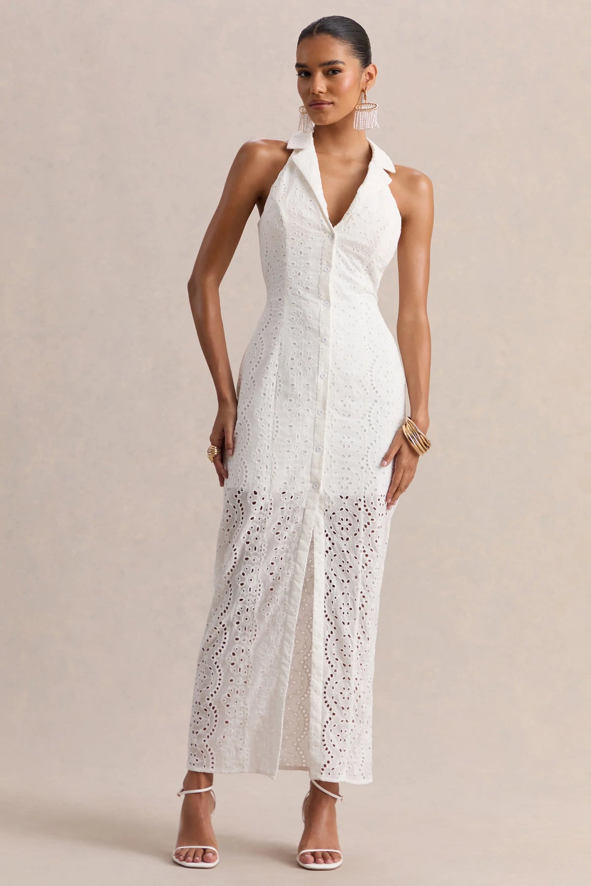 Tover White Broderie Plunge Neck Maxi Dress