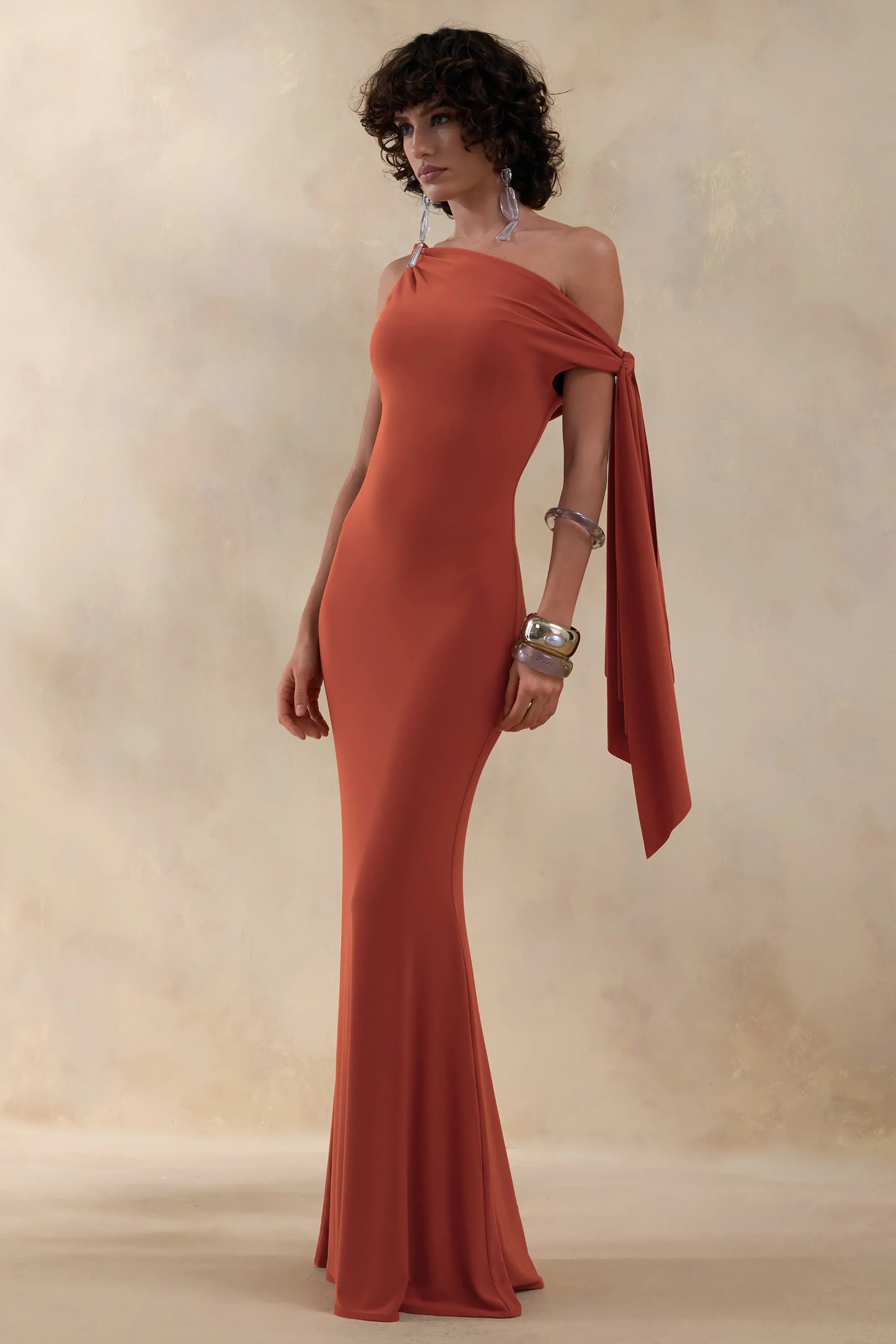 Vista Rust Asymmetric Neck Maxi Dress With Knot Sleeve Detail