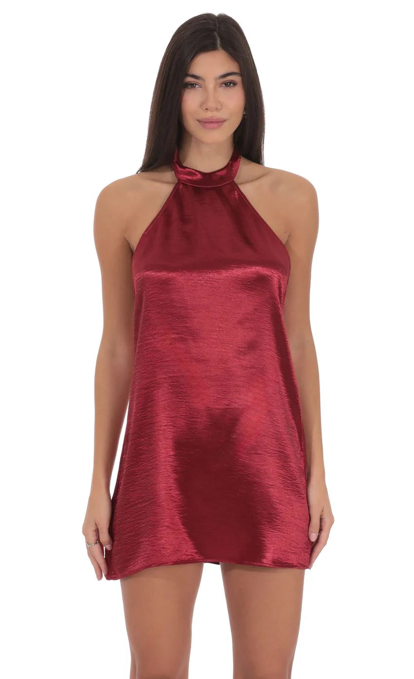 Satin Halter Shift Dress in Maroon