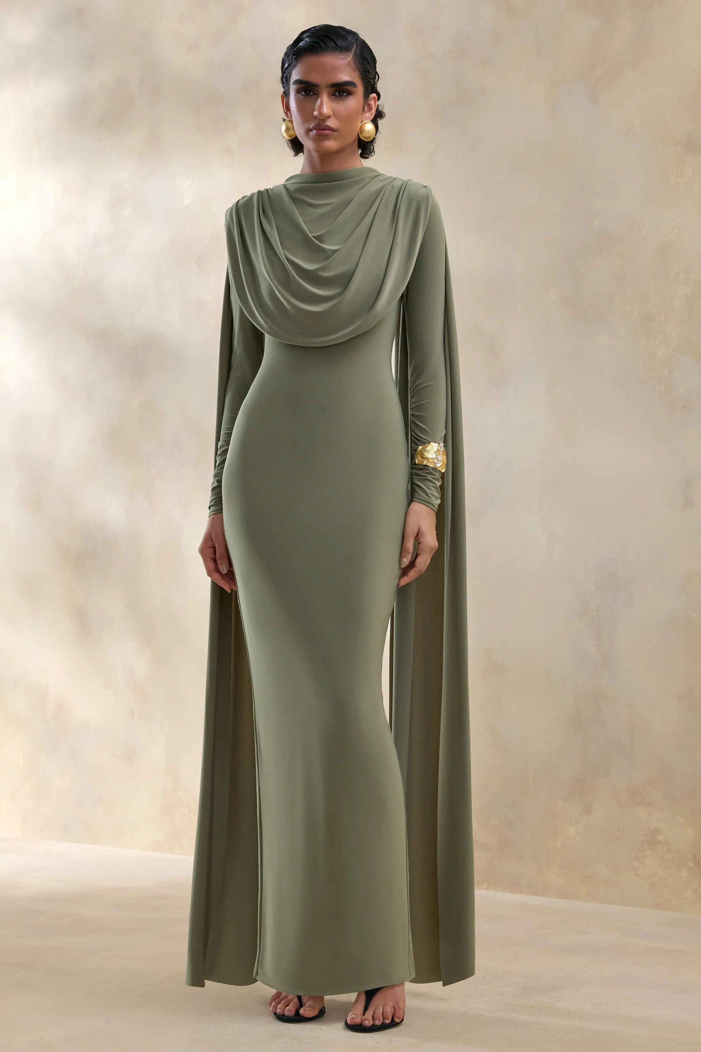 Lysoria Olive High Neck Maxi Dress With Draped Detailing And Cape Sleeves