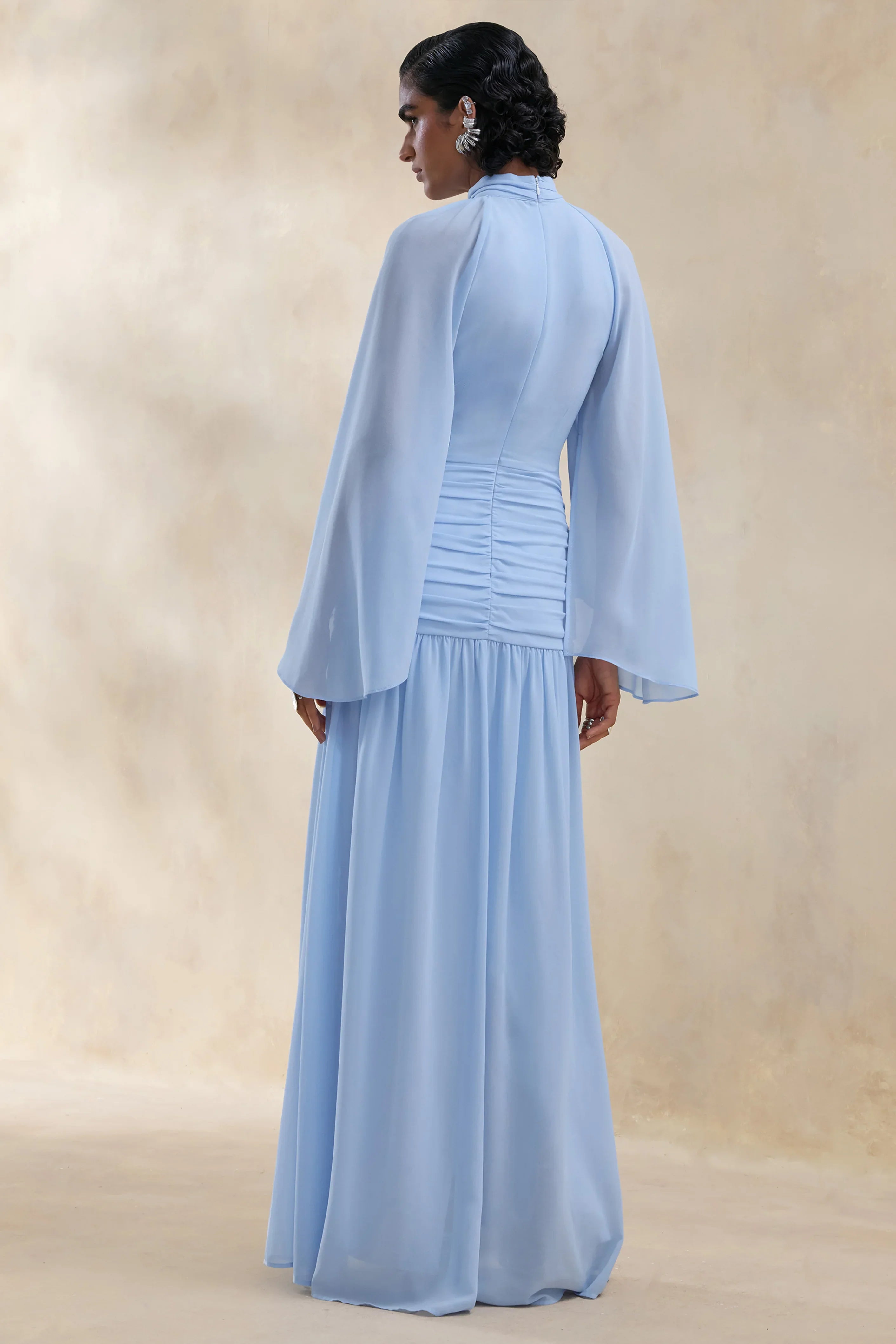 Narella Blue Chiffon High Neck Maxi Dress With Draped Detailing