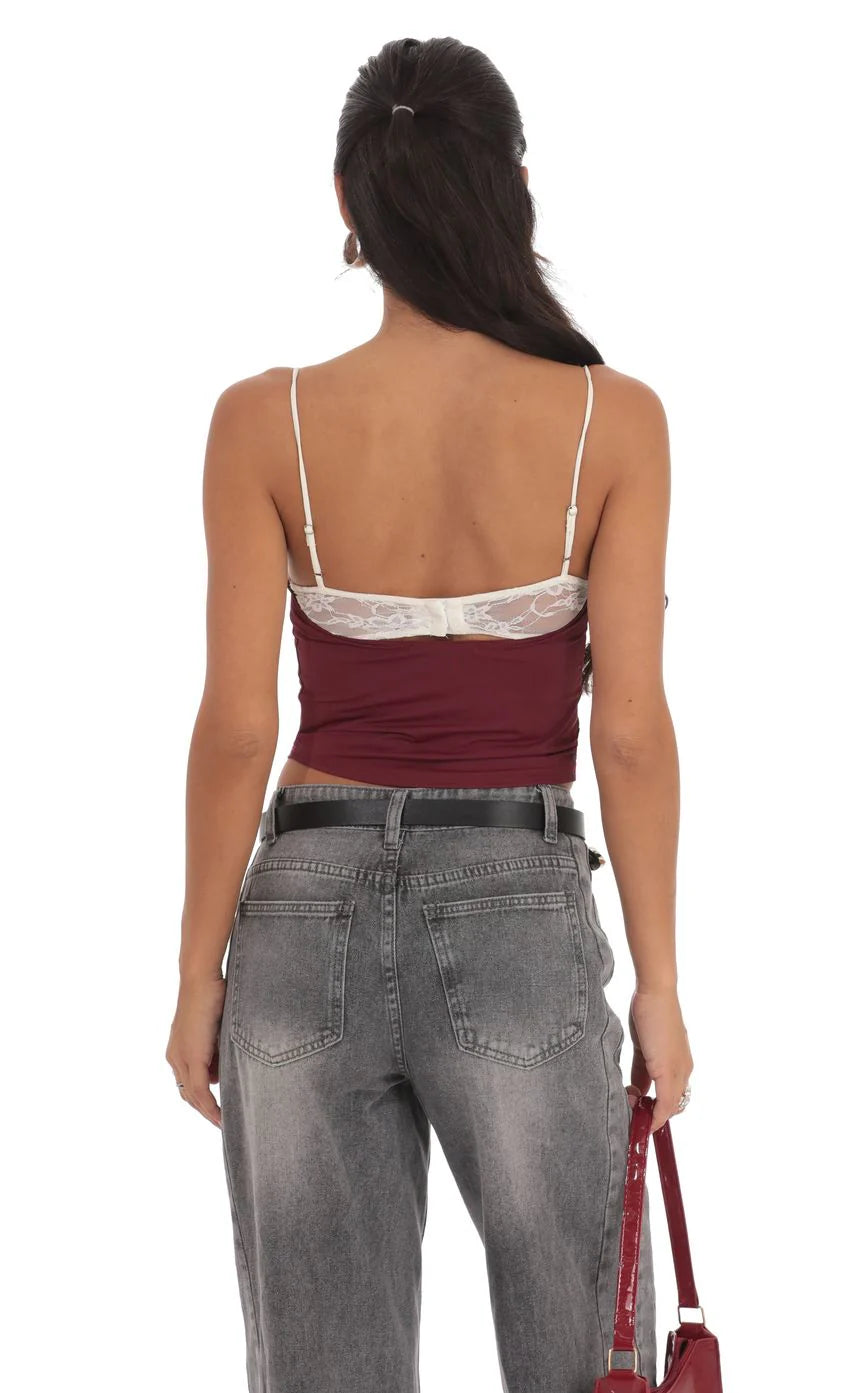Lace Trim Crop Top in Maroon