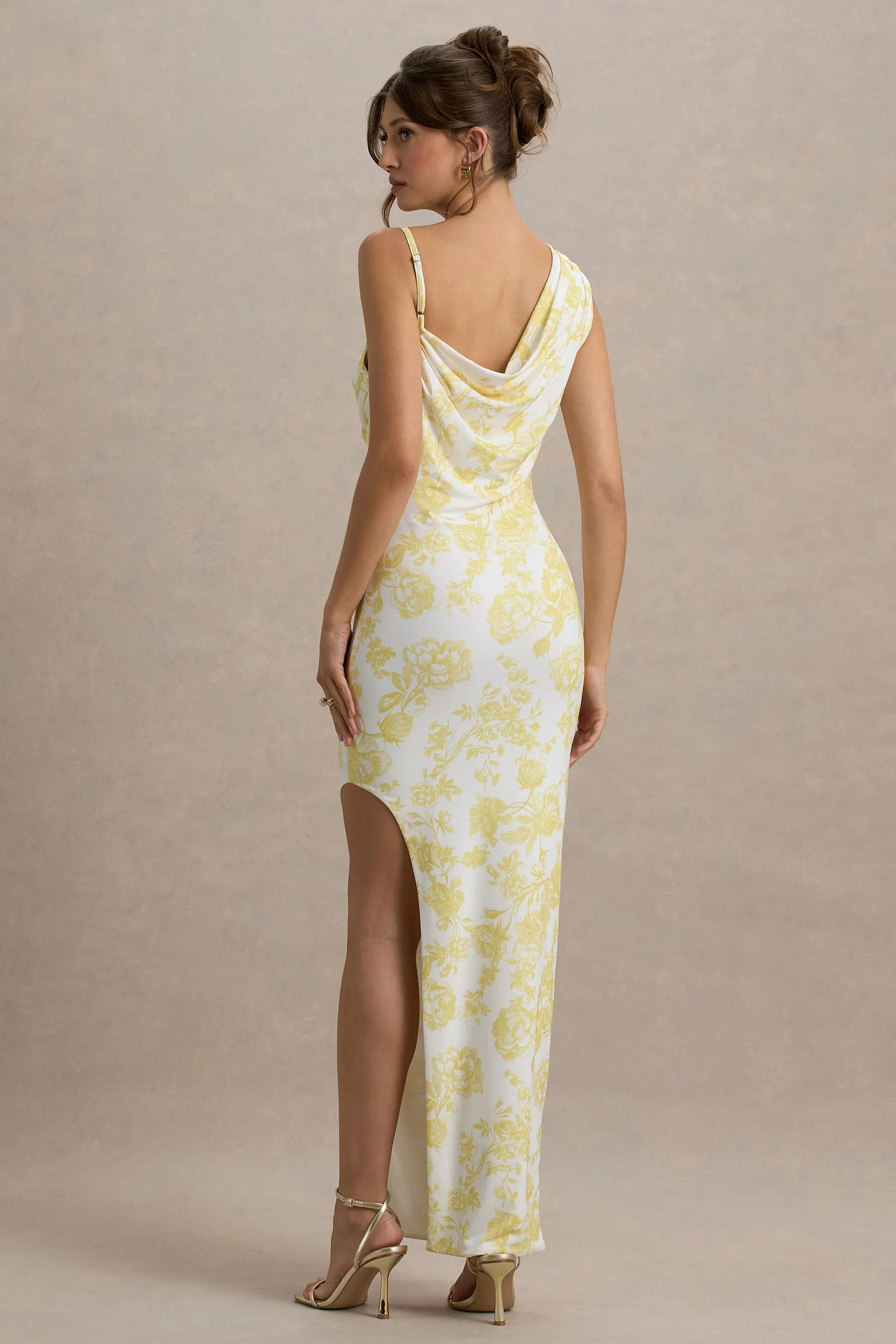 Sitara Lemon Porcelain Print Cowl Neck Maxi Dress With Asymmetric Skirt