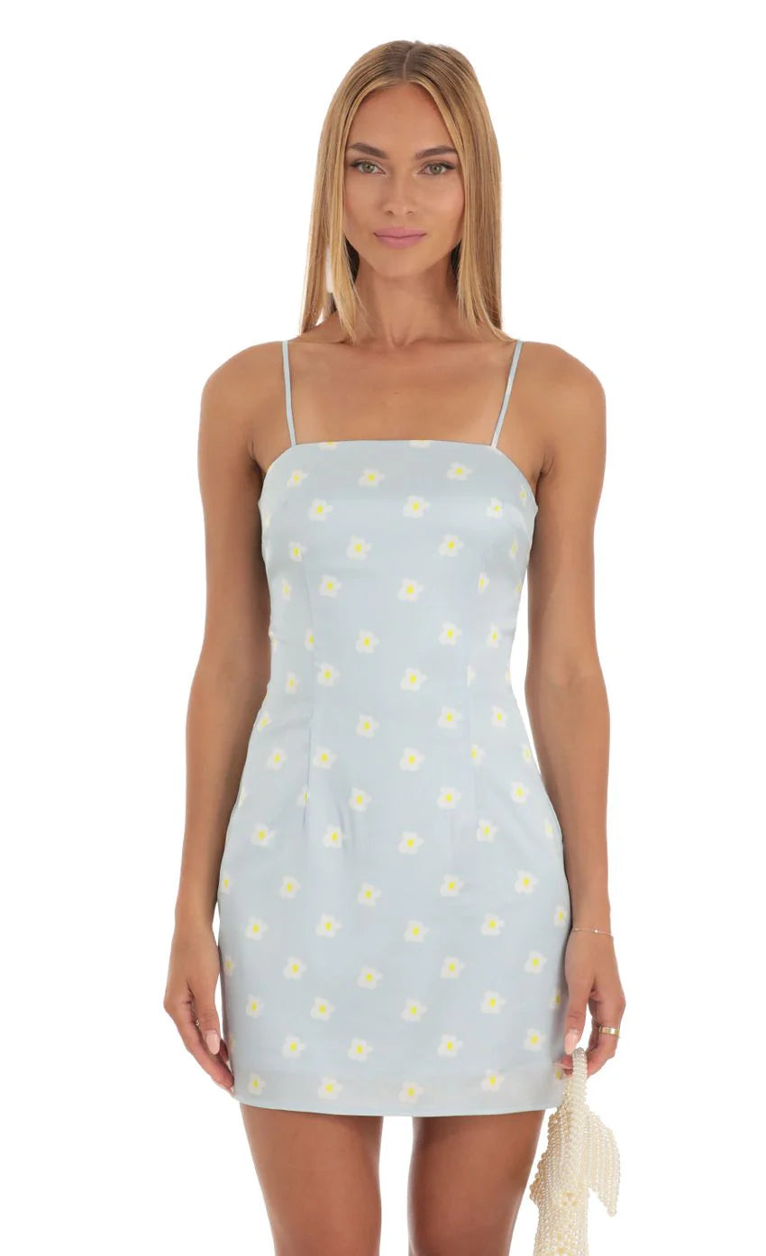 Floral Satin Tie Back Dress in Sky Blue