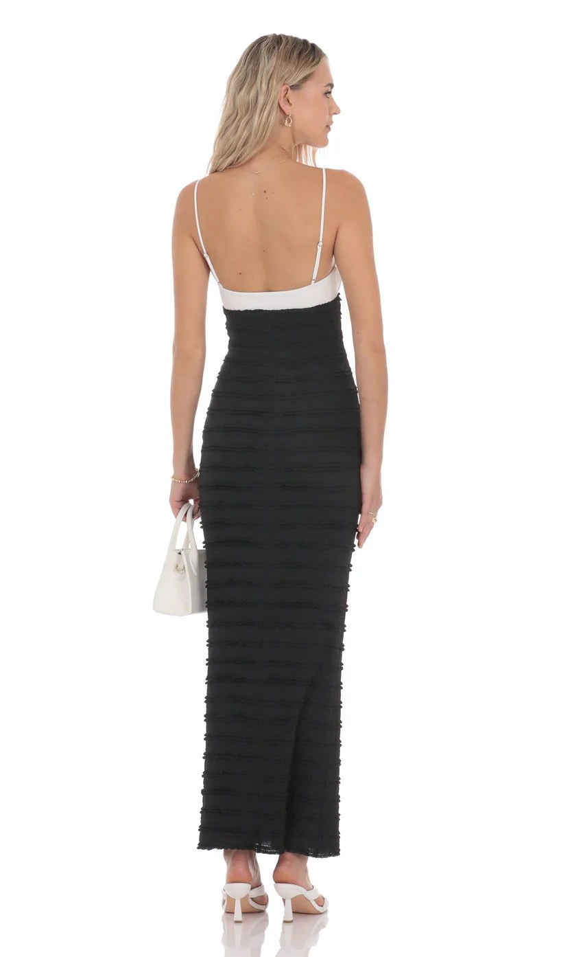 Two Toned Frill Maxi Dress in Black and White